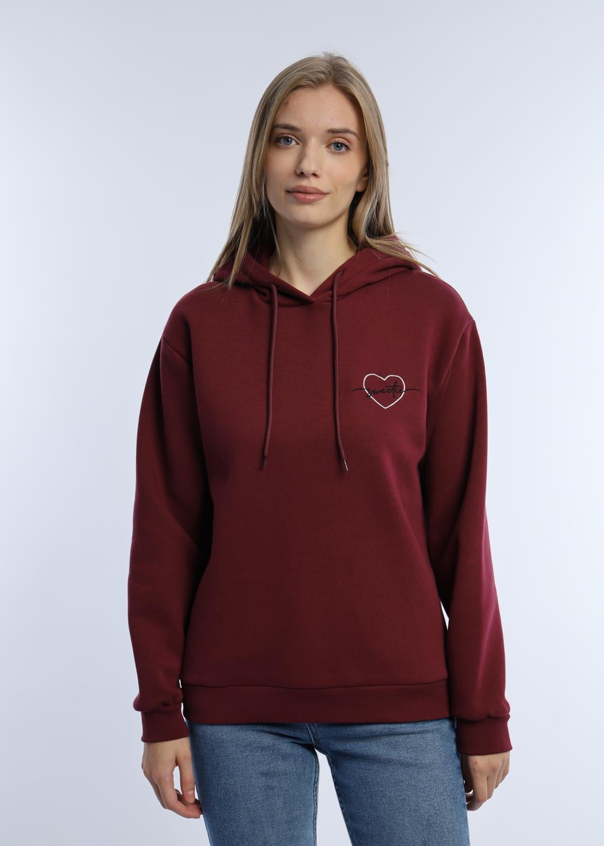 Kadin Kalp Nakışlı 3 İplik Sweatshirt Bordo