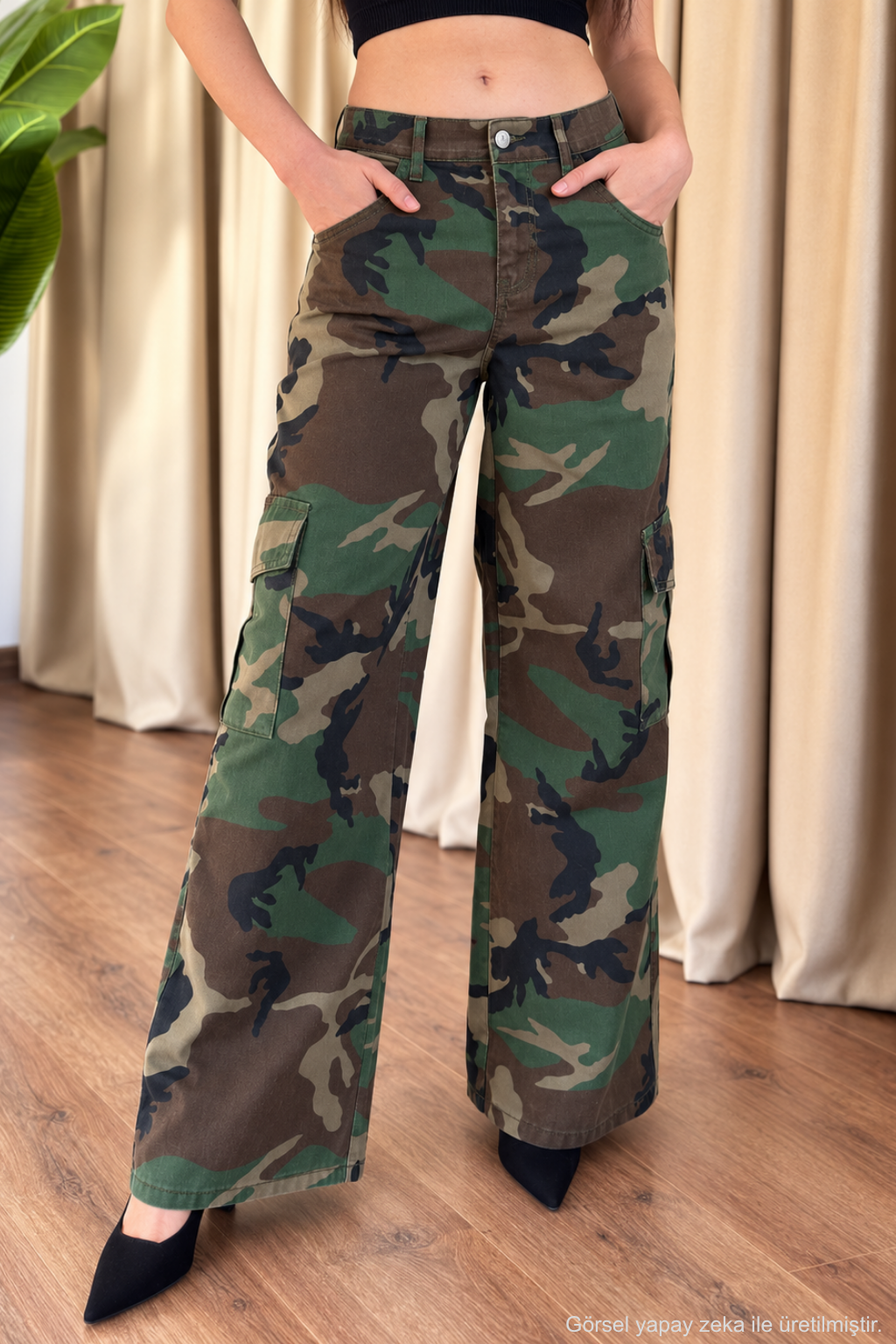 Kadın Kamuflaj Desenli Kargo Cep Wide Leg Pantolon