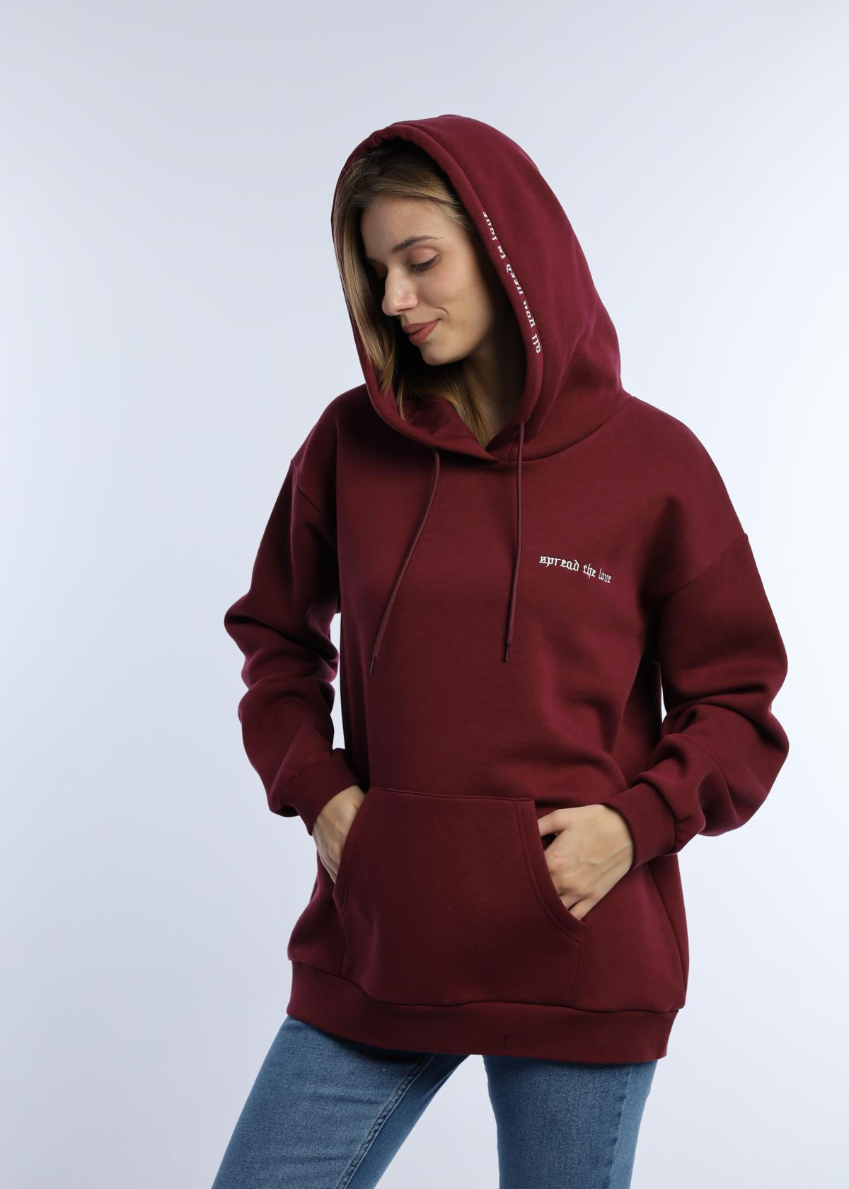Kadın Kapüşonlu 3 İplik Sweatshirt Bordo