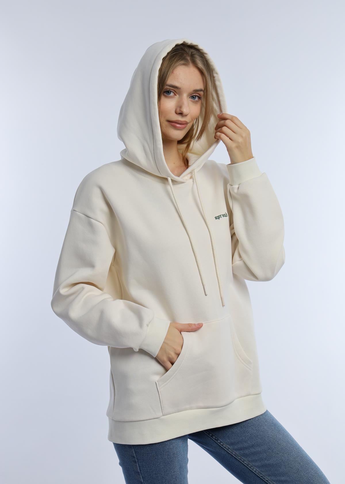 Kadın Kapüşonlu 3 İplik Sweatshirt Ekru