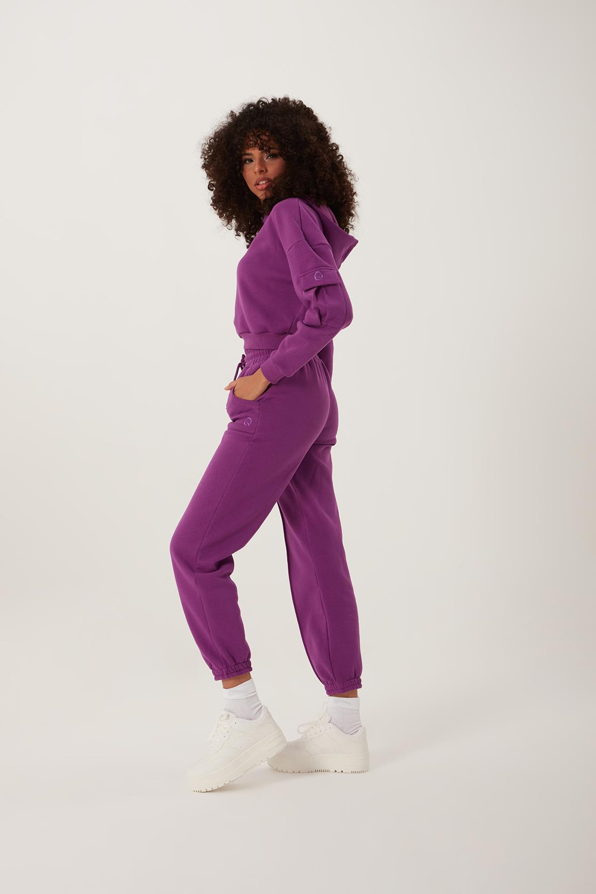 Kadın Kapüşonlu  3 İplik Sweatshirt Mor