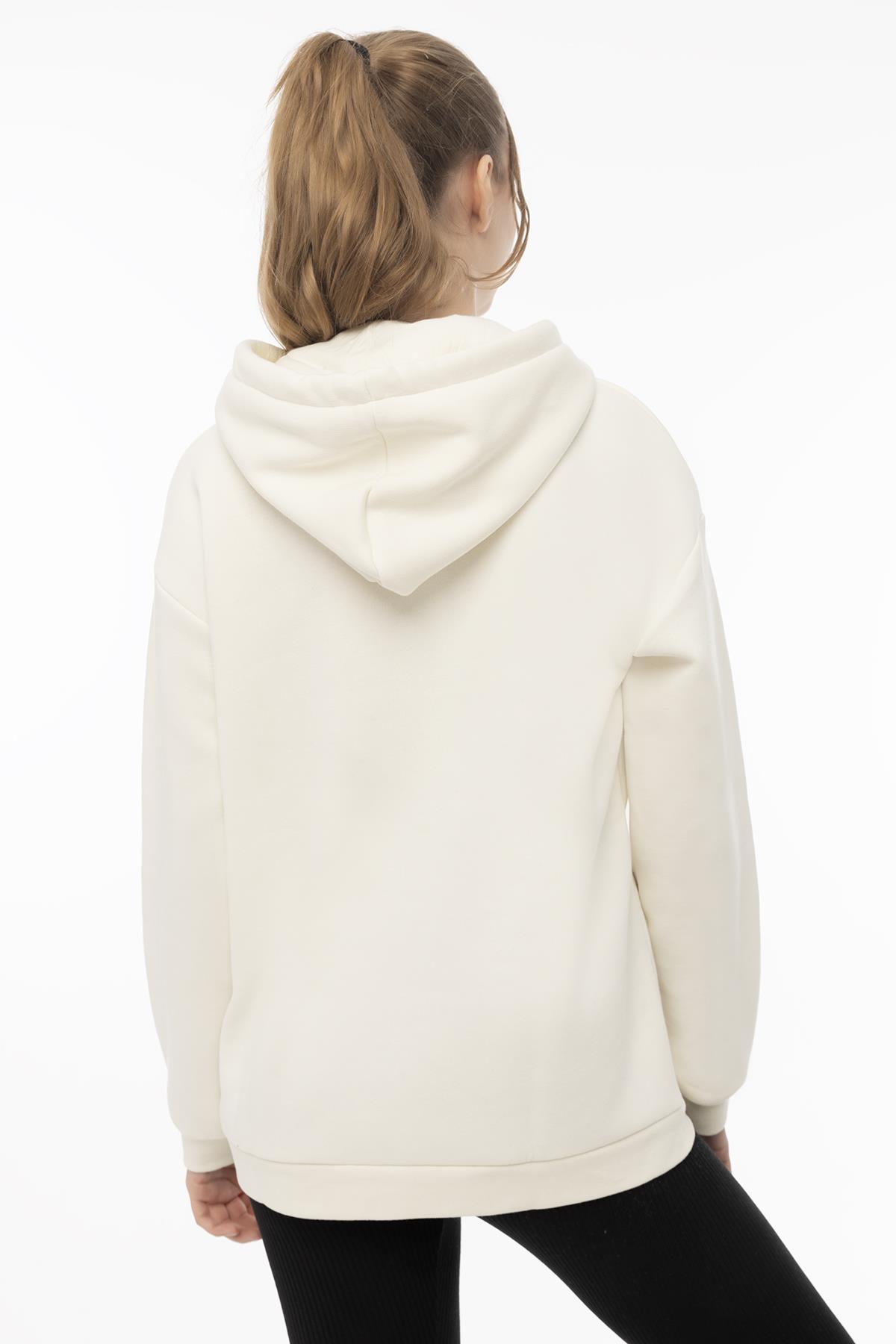 Kadın Kapüşonlu Cherry Nakışlı Oversize Sweatshirt Ekru
