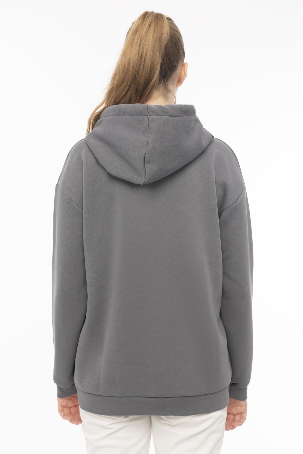 Kadın Kapüşonlu Cherry Nakışlı Oversize Sweatshirt Füme