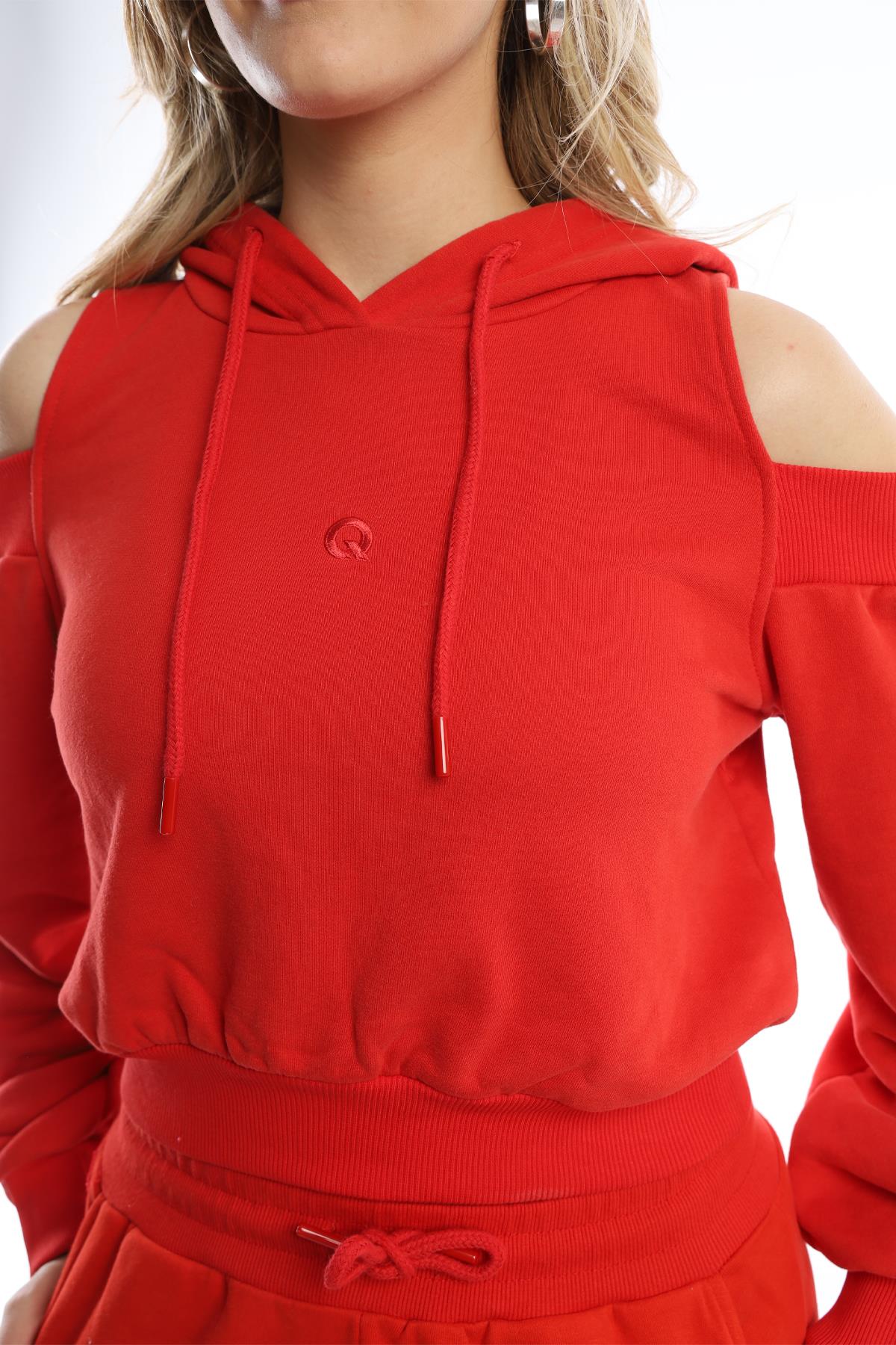 Kadın Kapüşonlu Omuz Dekolteli Sweatshirt Kırmızı