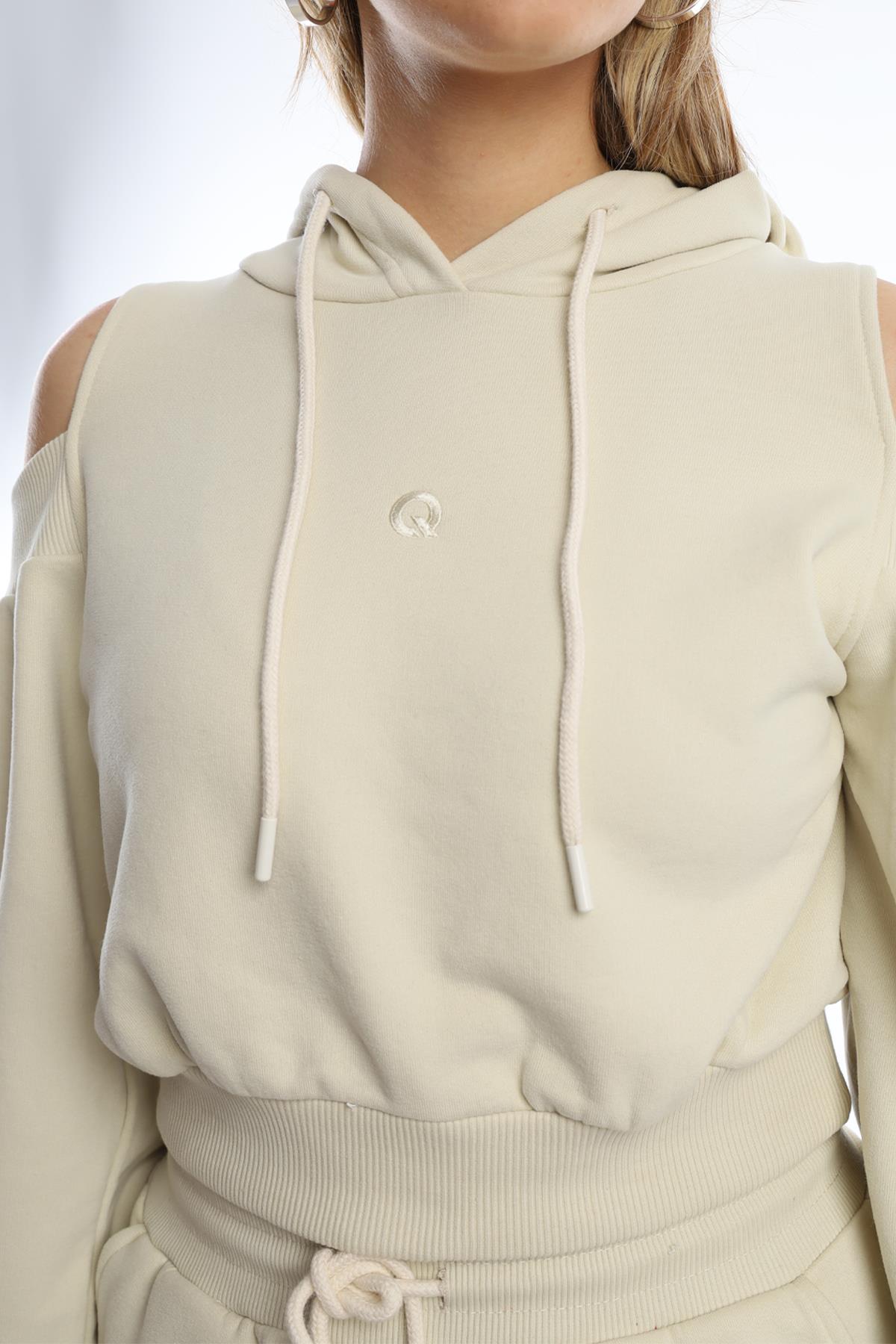 Kadın Kapüşonlu Omuz Dekolteli Sweatshirt Ekru