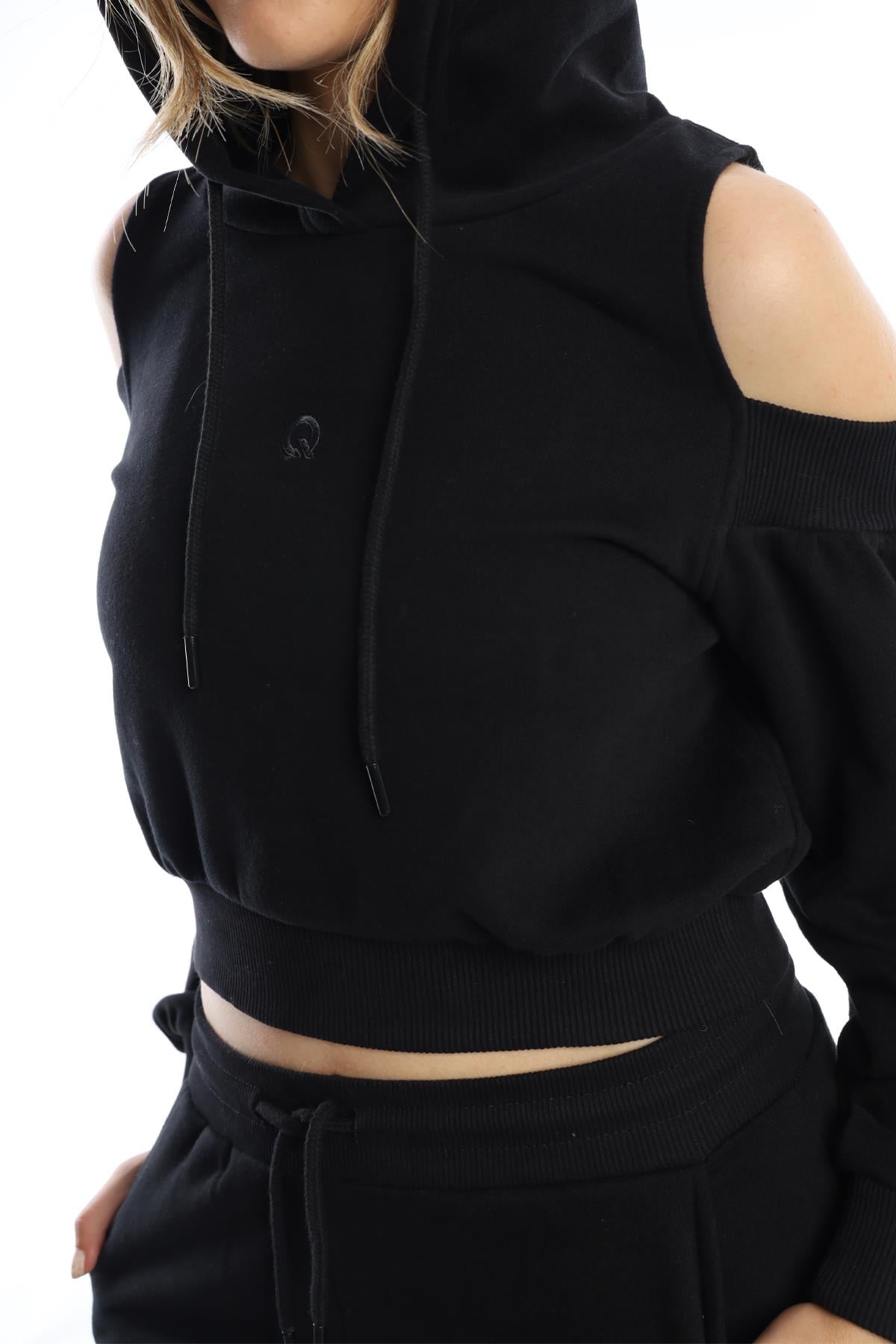 Kadın Kapüşonlu Omuz Dekolteli Sweatshirt Siyah