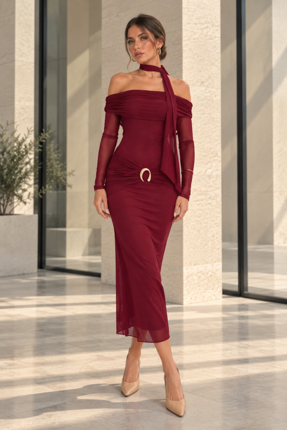 Kadın Kayık Yaka Drapeli Gold Aksesuarlı Uzun Kollu Midi Elbise - Bordo Bordo