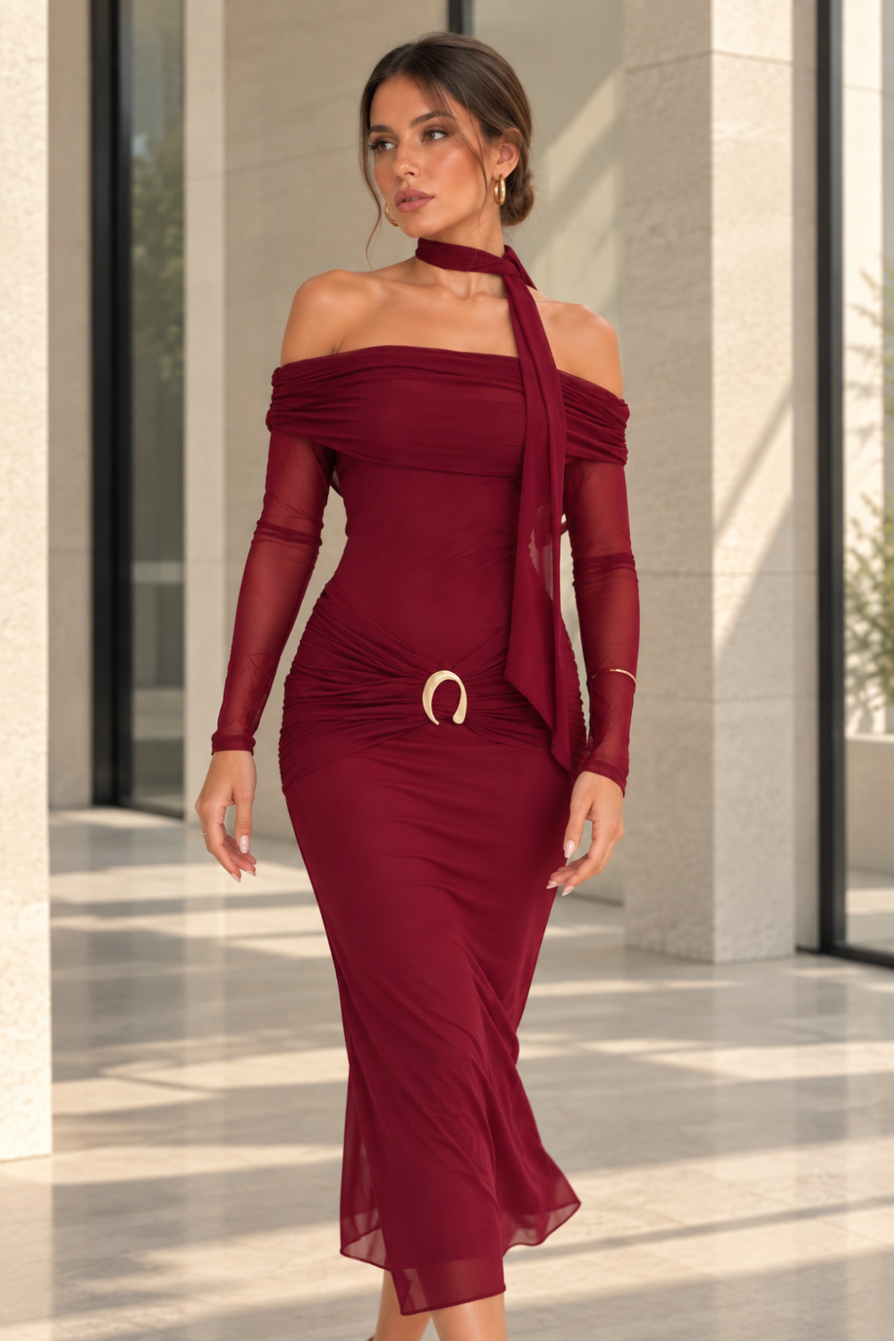 Kadın Kayık Yaka Drapeli Gold Aksesuarlı Uzun Kollu Midi Elbise - Bordo Bordo