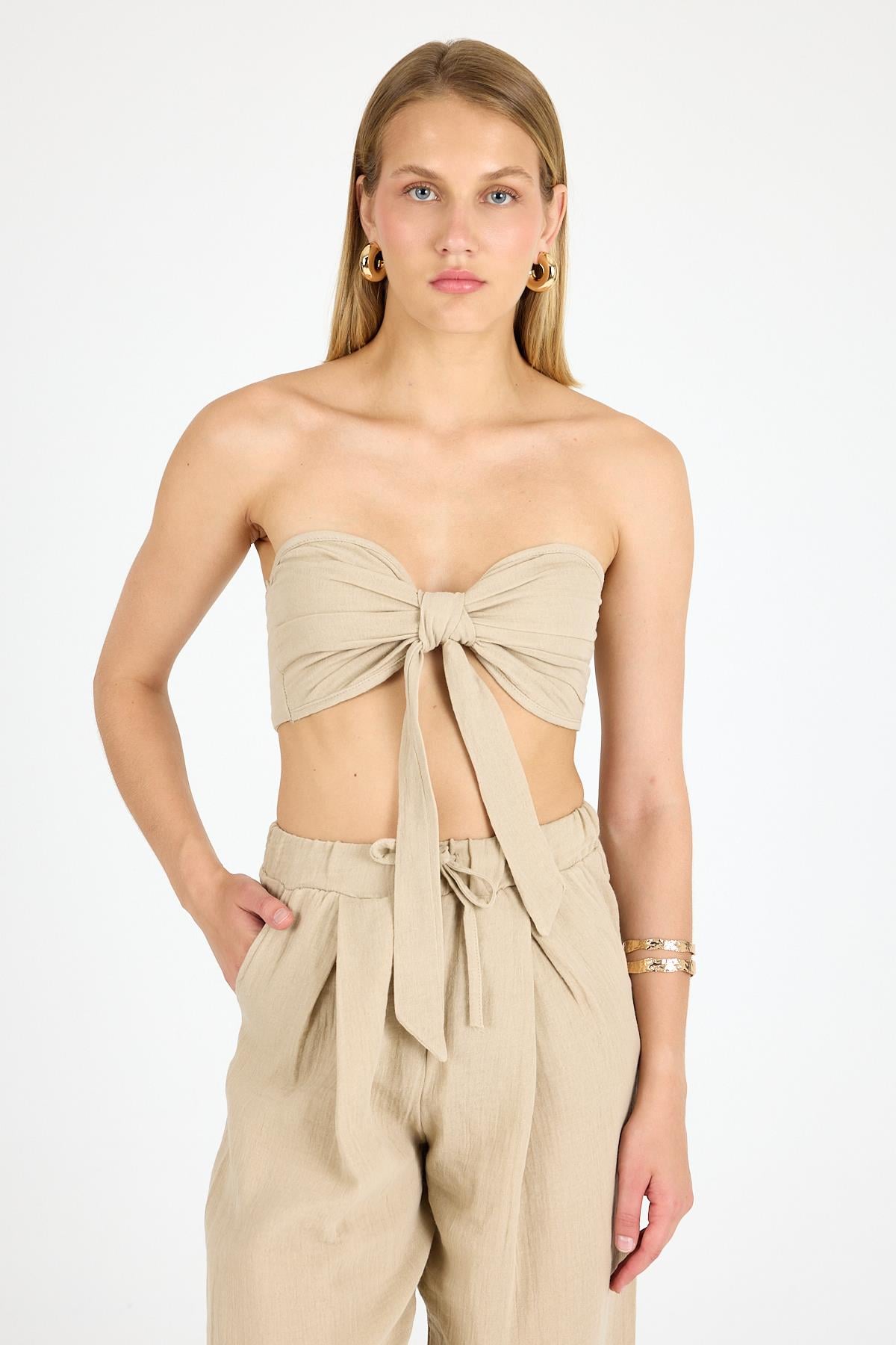 Kadın Keten Crop Bej