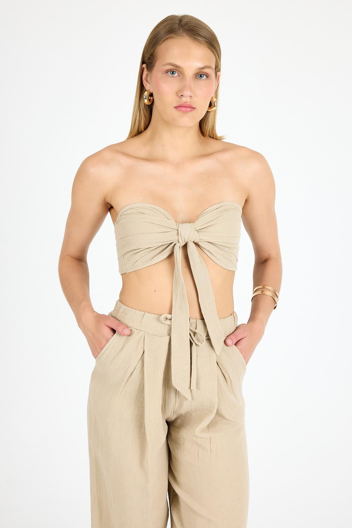 Kadın Keten Crop Bej