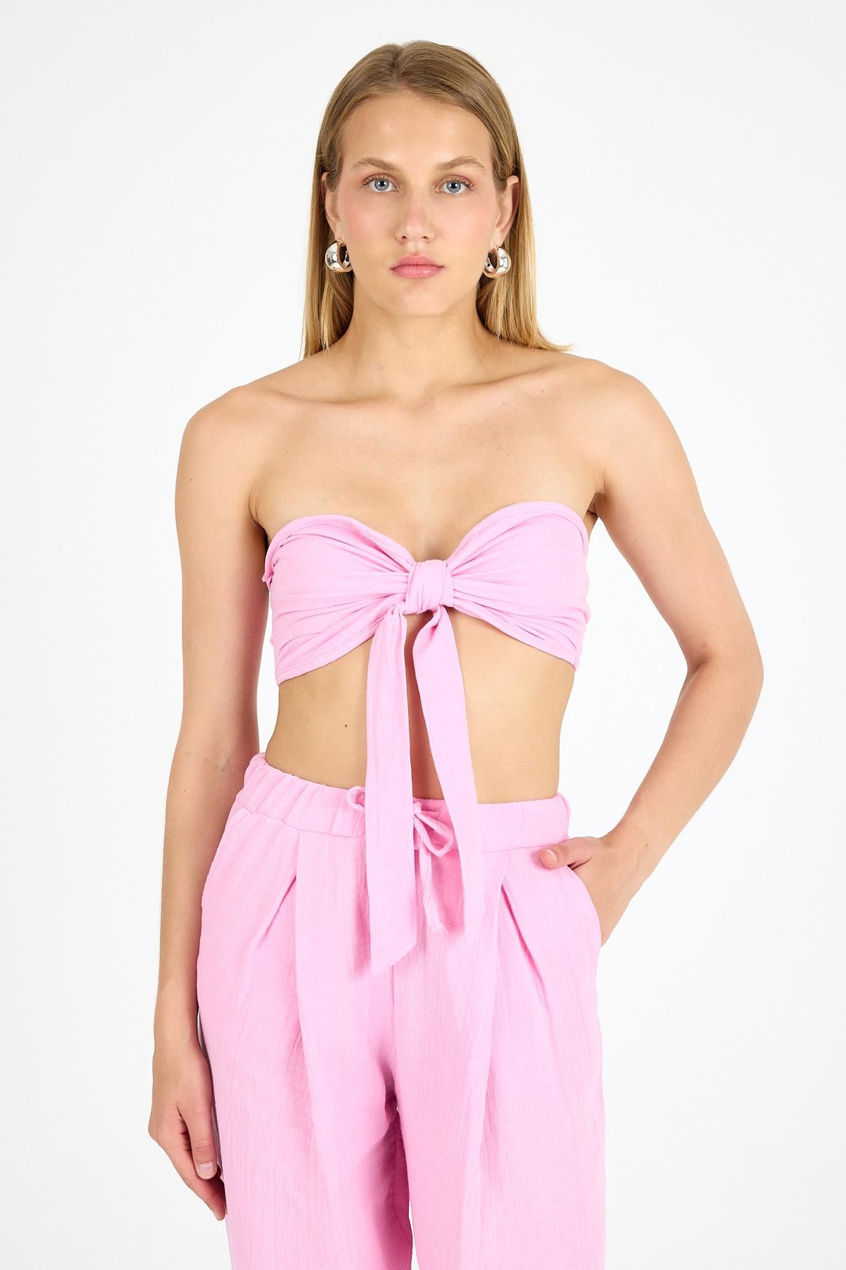 Kadın Keten Crop Pembe