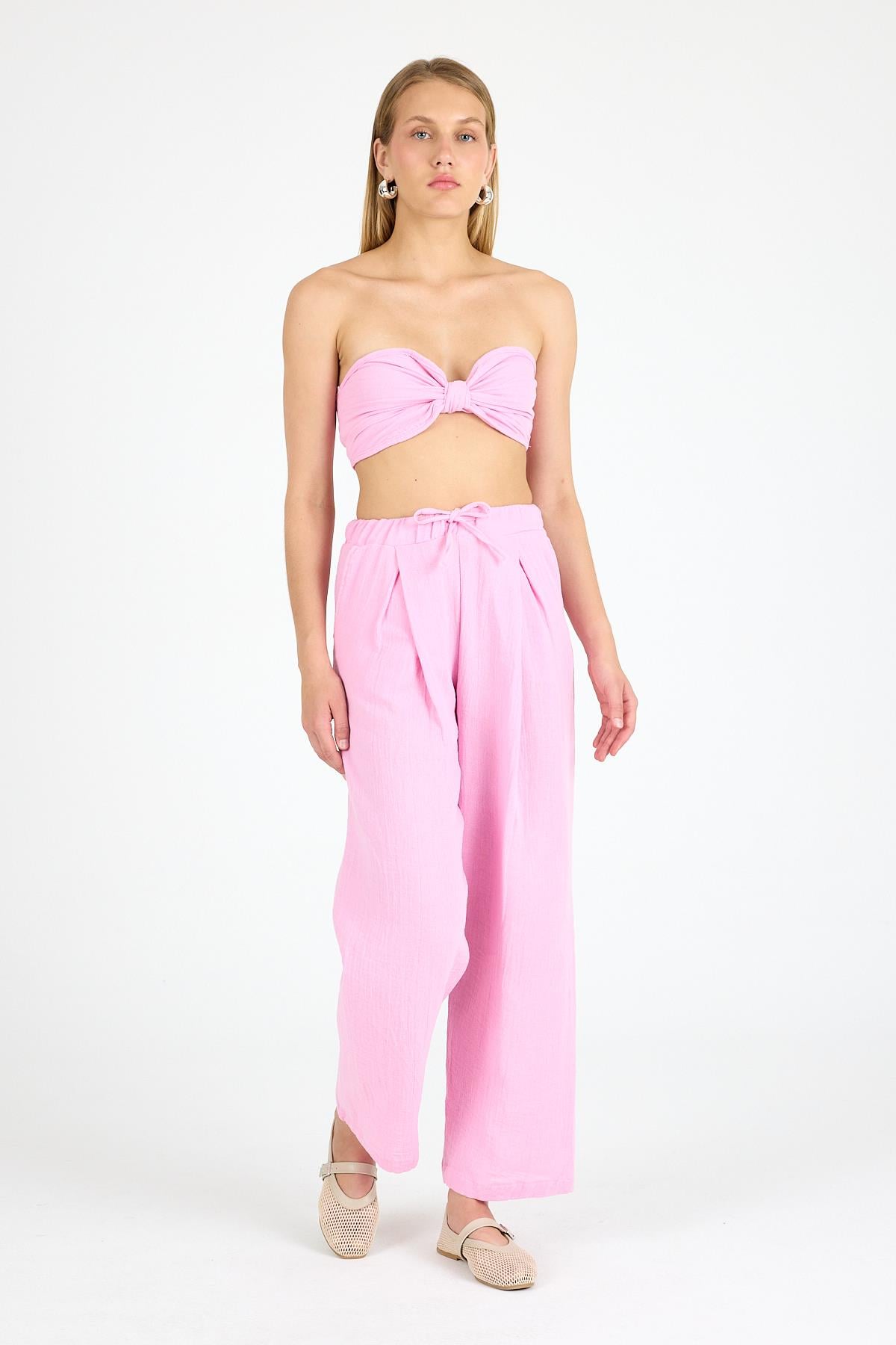 Kadın Keten Crop Pembe