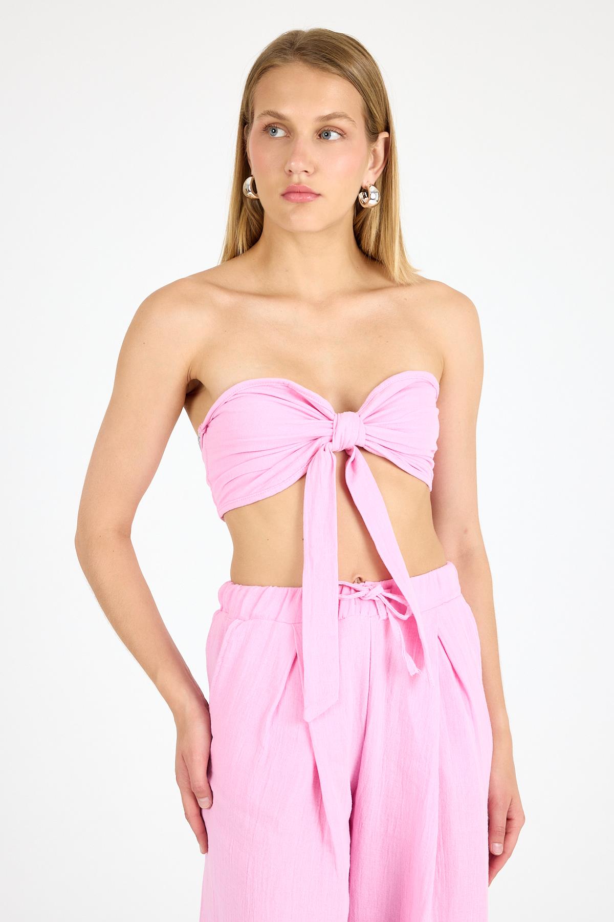 Kadın Keten Crop Pembe
