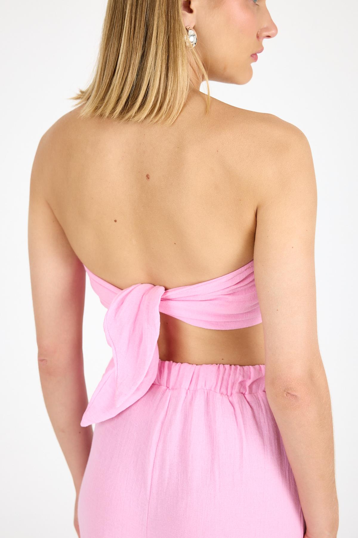 Kadın Keten Crop Pembe