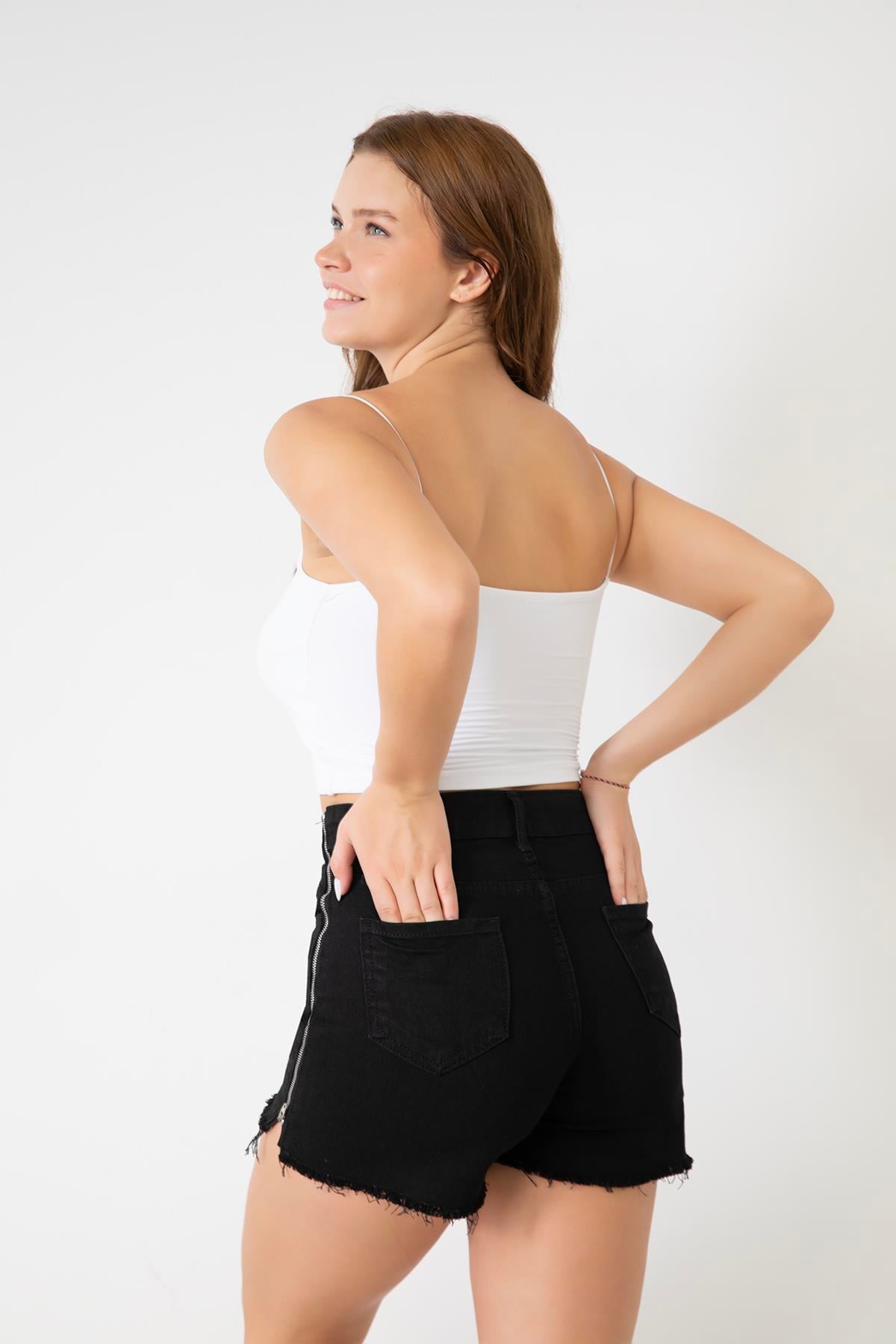 Kadın Kilit fermuarlı Denim Şort Siyah