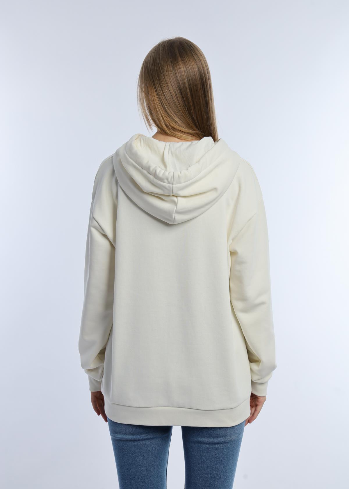 Kadın Kiraz Baskılı 3 İplik Şardonsuz Sweatshirt Ekru