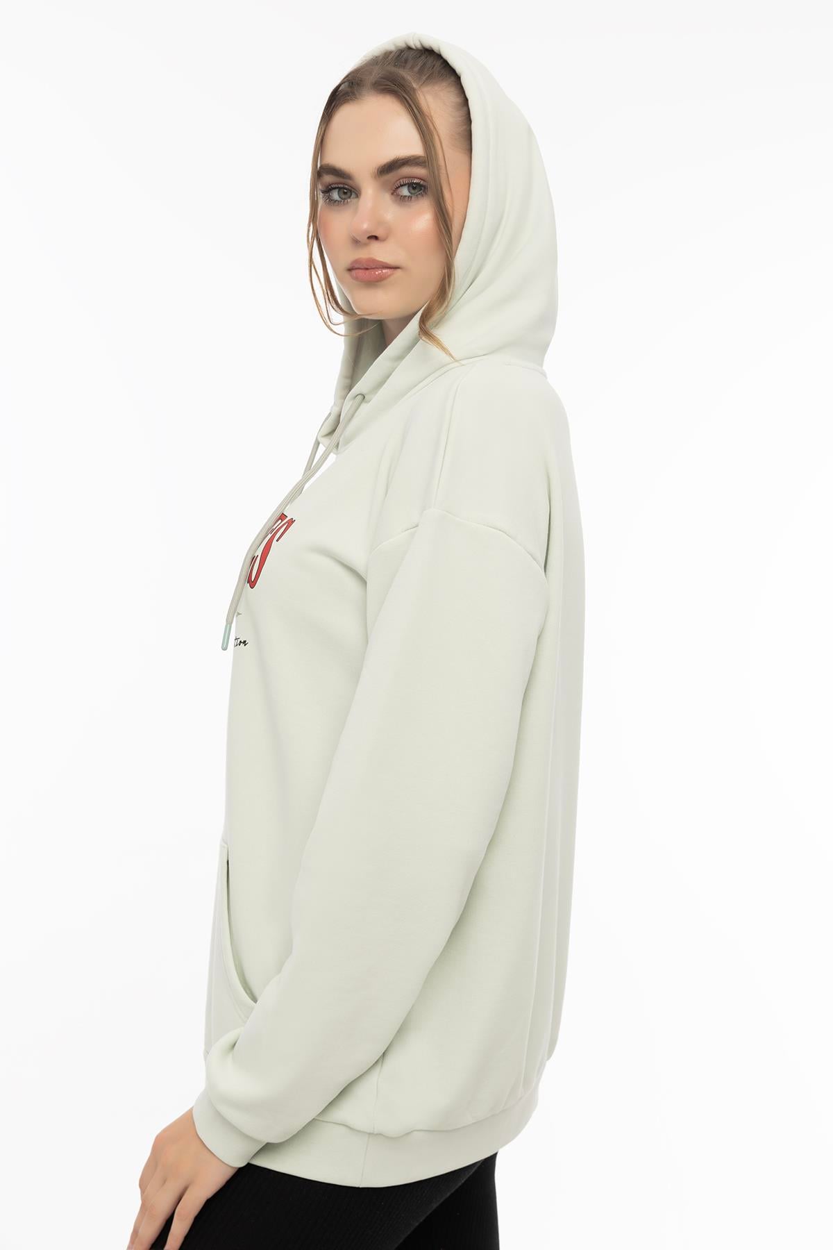 Kadın Kiraz Baskılı 3 İplik Şardonsuz Sweatshirt Mint