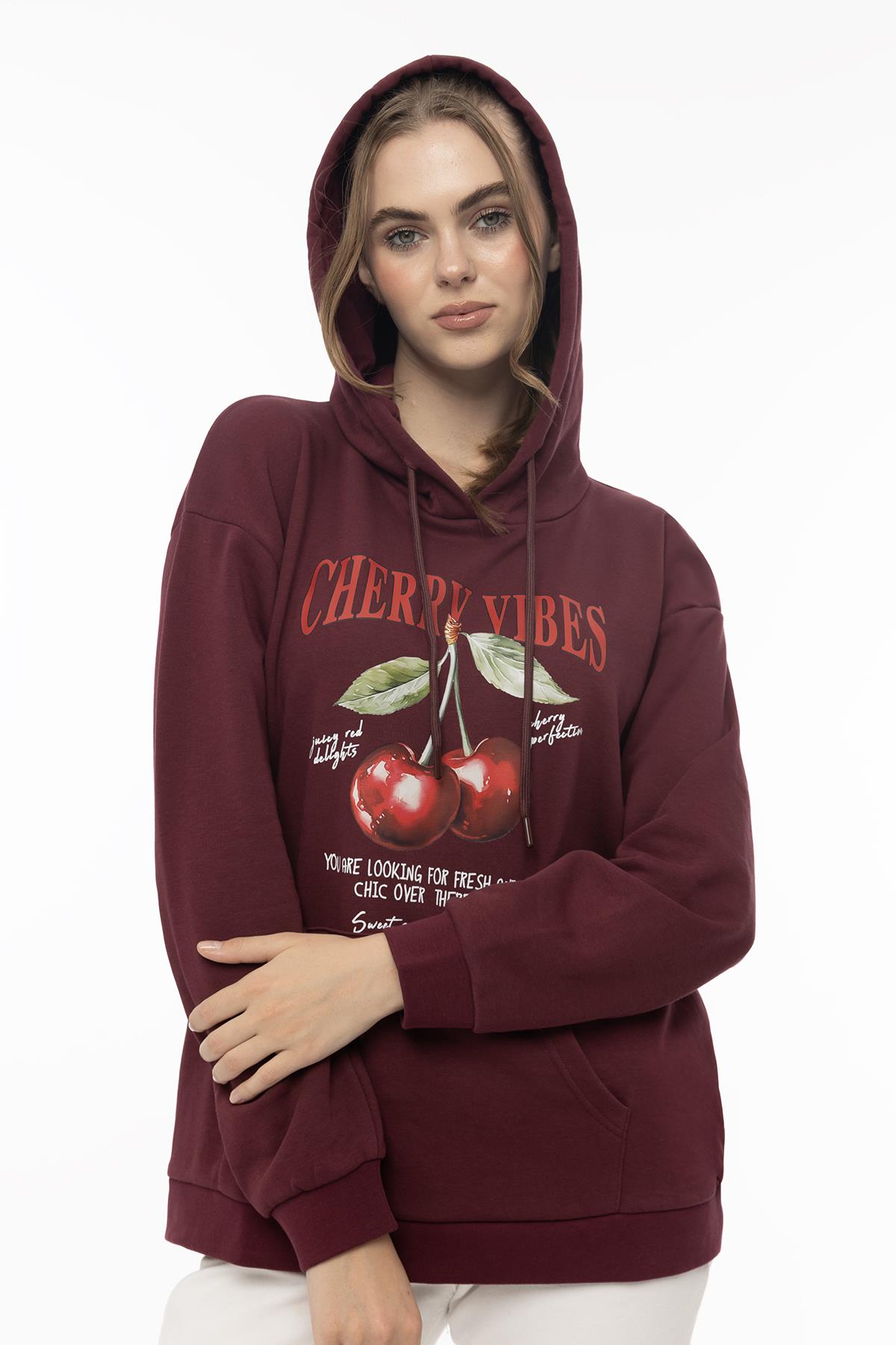 Kadın Kiraz Baskılı 3 İplik Şardonsuz Sweatshirt Bordo