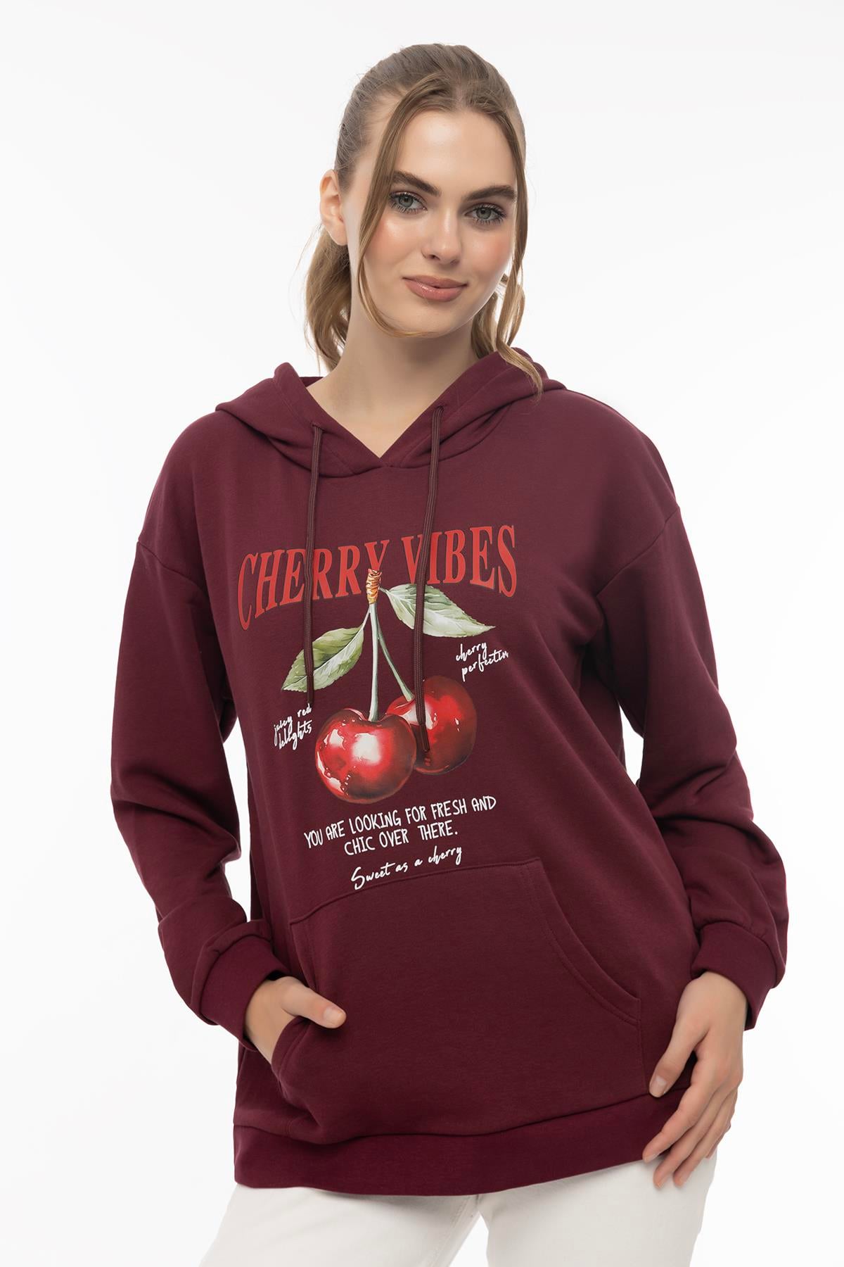 Kadın Kiraz Baskılı 3 İplik Şardonsuz Sweatshirt Bordo