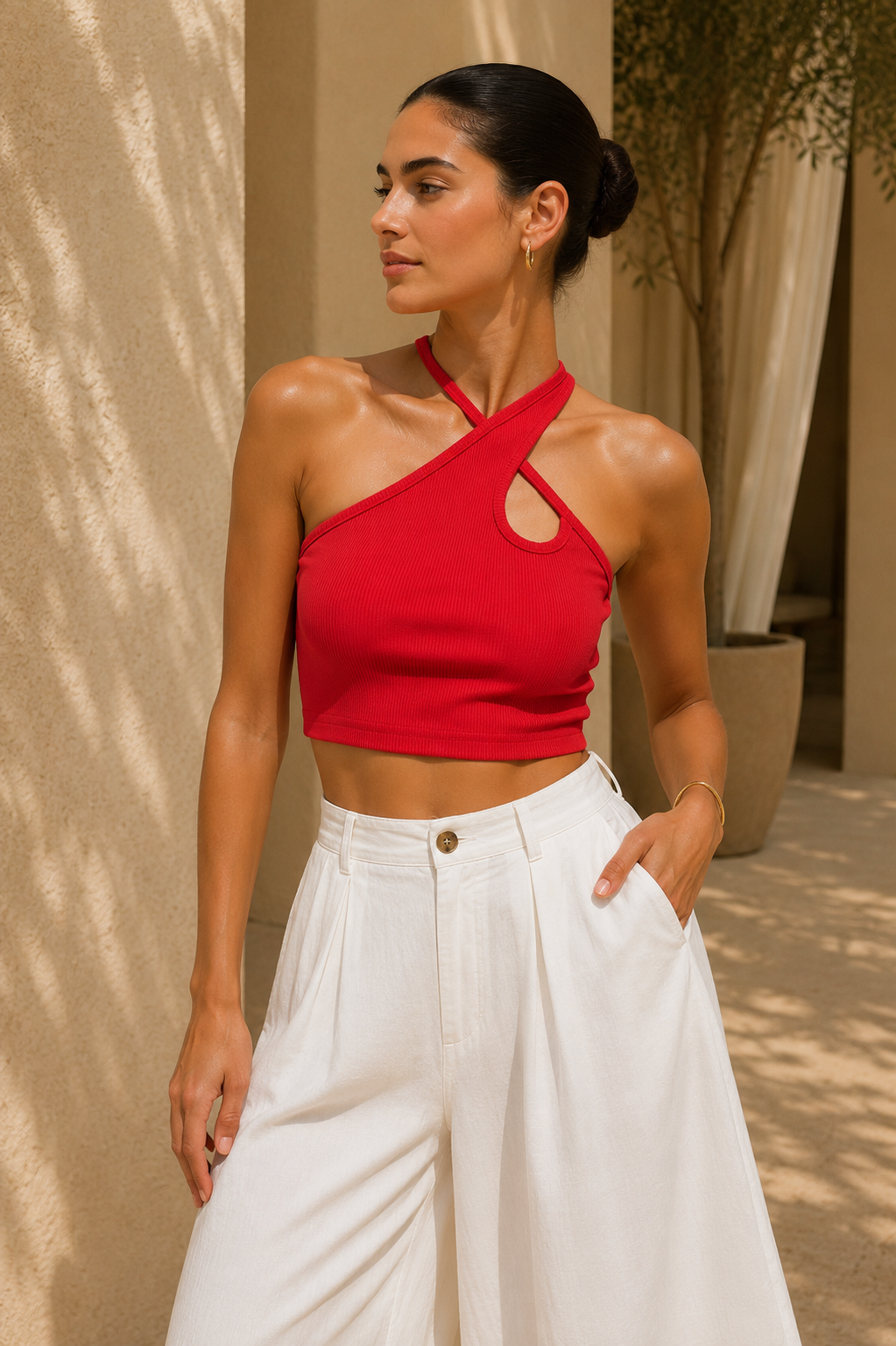 Kadın Kırmızı Çapraz Halter Yaka Damla Detaylı Fitilli Crop Top