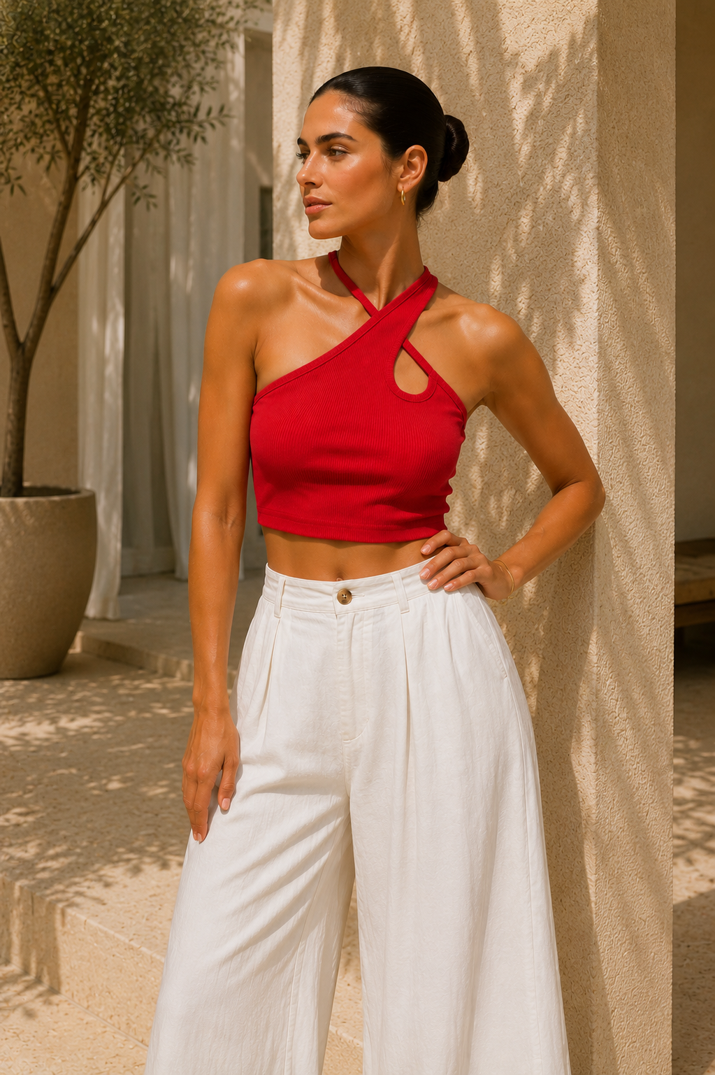 Kadın Kırmızı Çapraz Halter Yaka Damla Detaylı Fitilli Crop Top