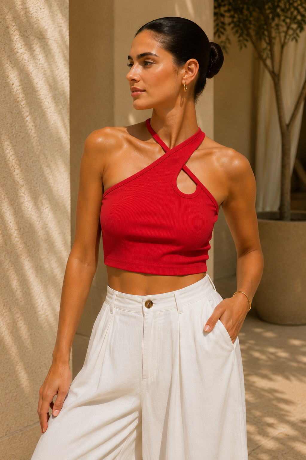 Kadın Kırmızı Çapraz Halter Yaka Damla Detaylı Fitilli Crop Top