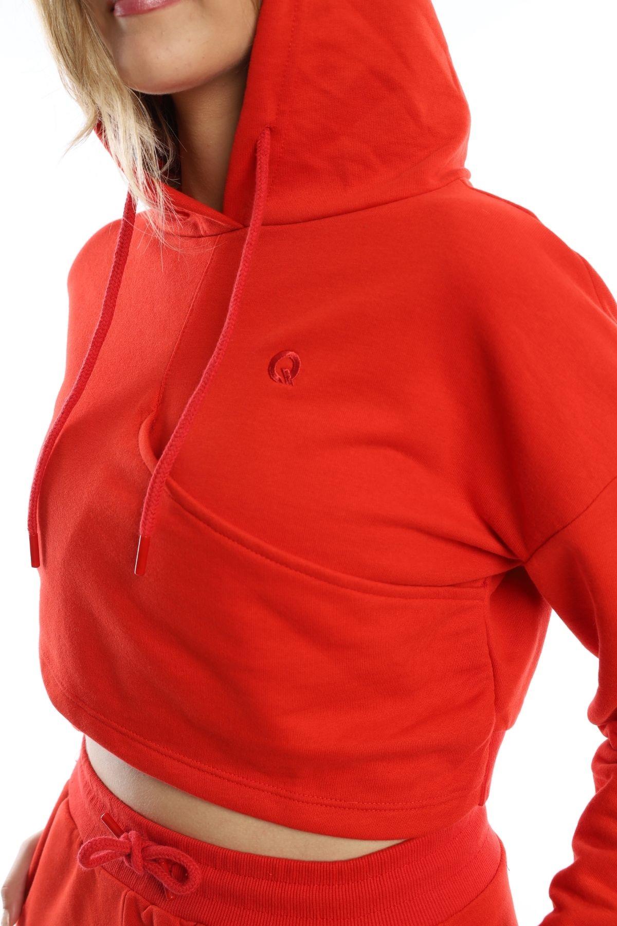 Kadın Kruvaze Detaylı Kapüşonlu Crop Sweat Kırmızı
