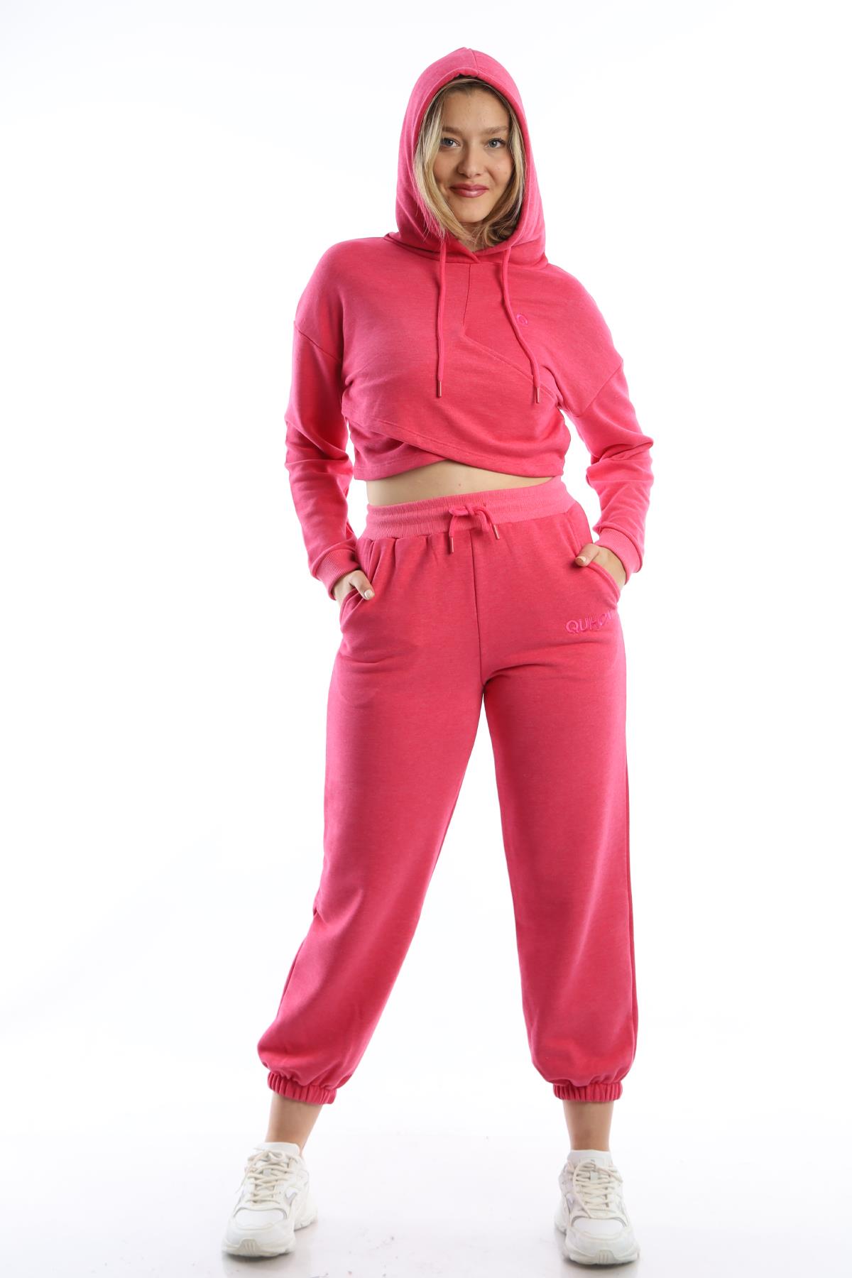 Kadın Kruvaze Detaylı Kapüşonlu Crop Sweat Pembe