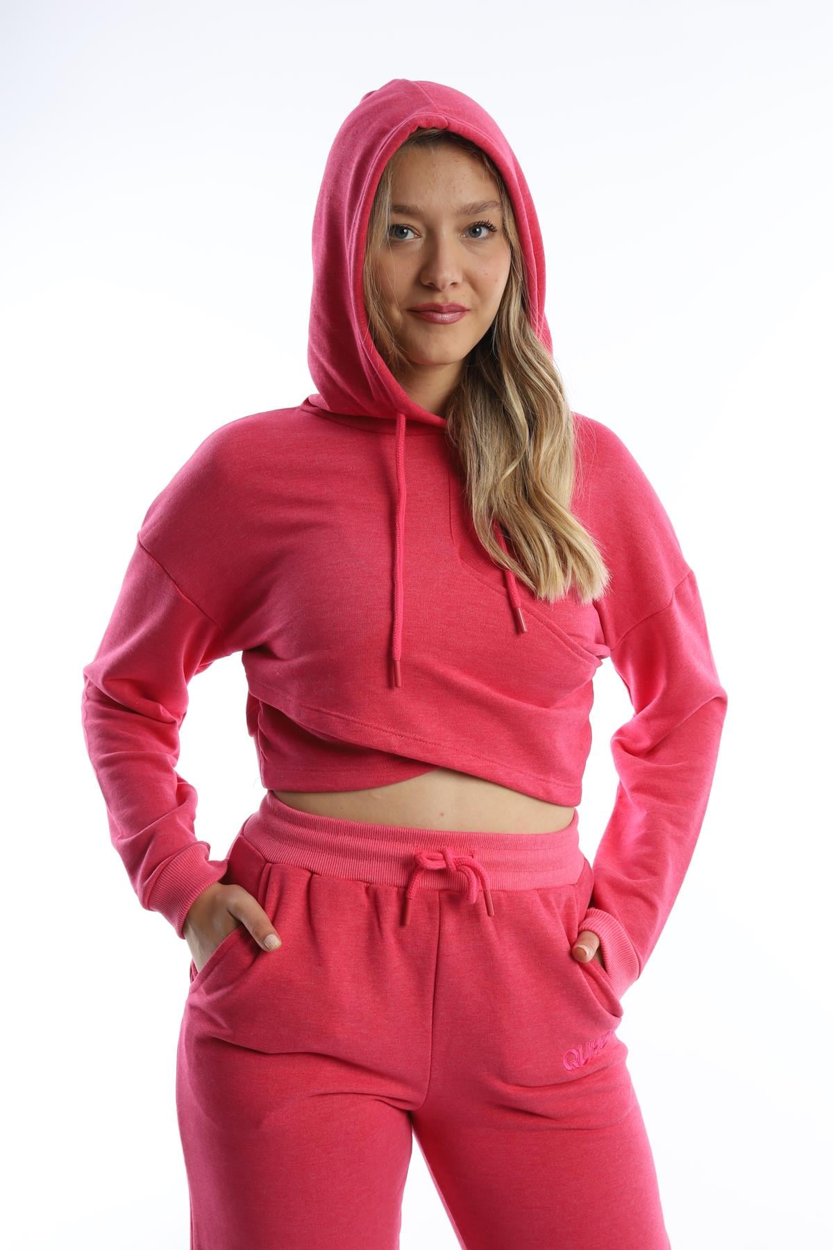 Kadın Kruvaze Detaylı Kapüşonlu Crop Sweat Pembe
