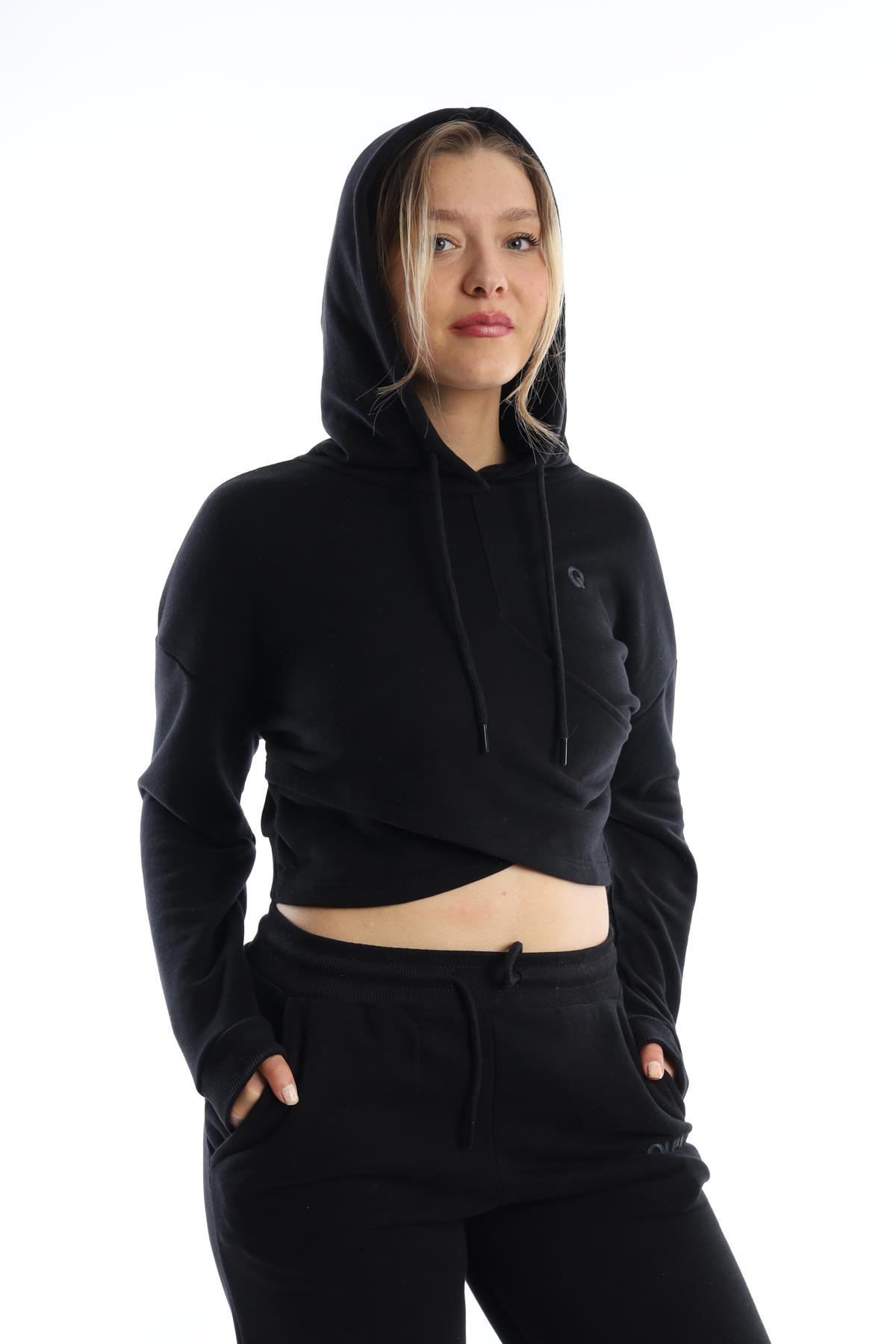 Kadın Kruvaze Detaylı Kapüşonlu Crop Sweat Siyah