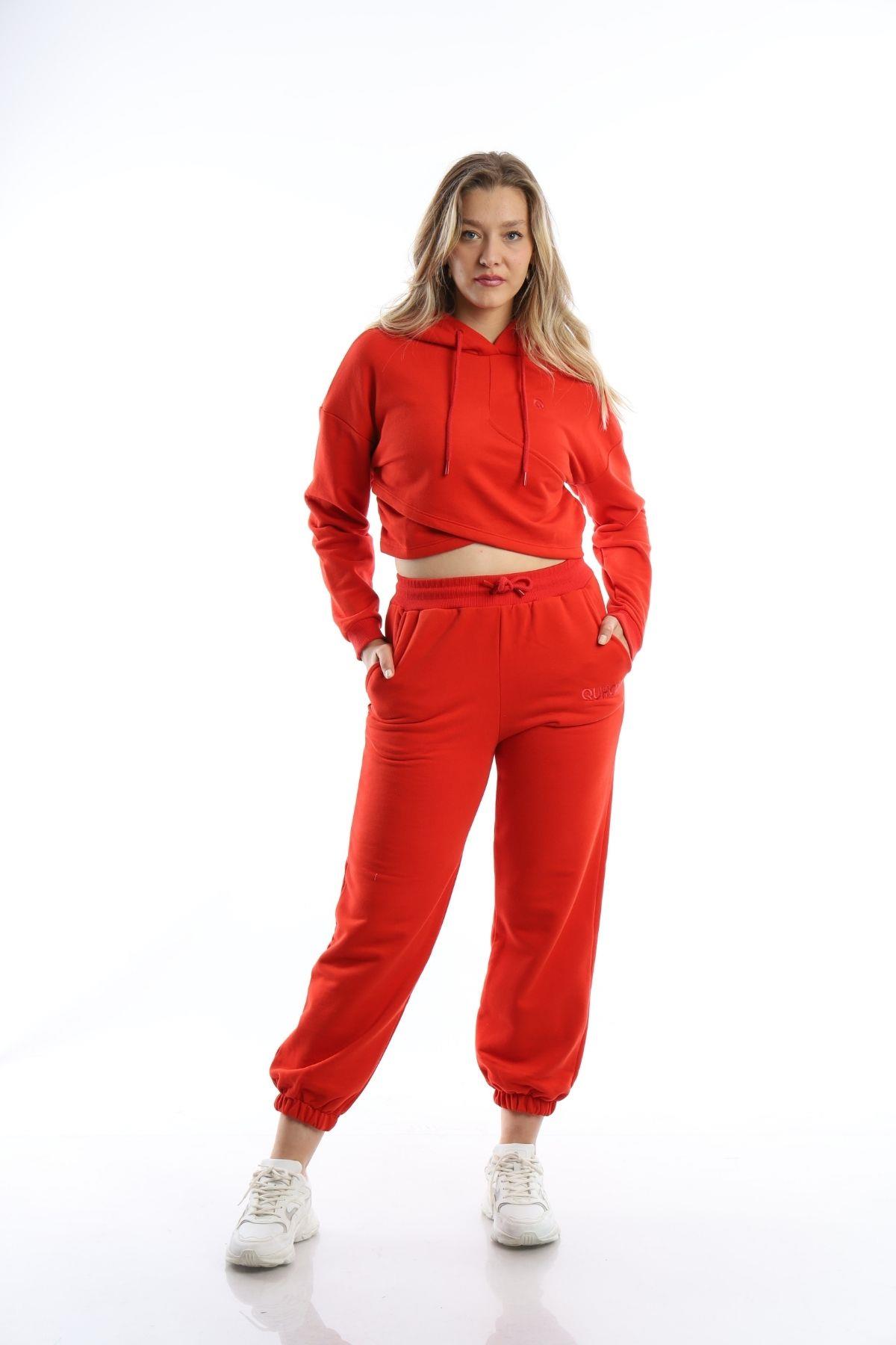 Kadın Kruvaze Detaylı Kapüşonlu Crop Sweat Kırmızı
