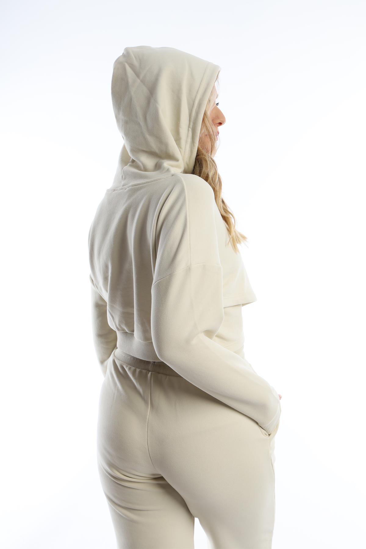 Kadın Kruvaze Detaylı Kapüşonlu Crop Sweat Ekru