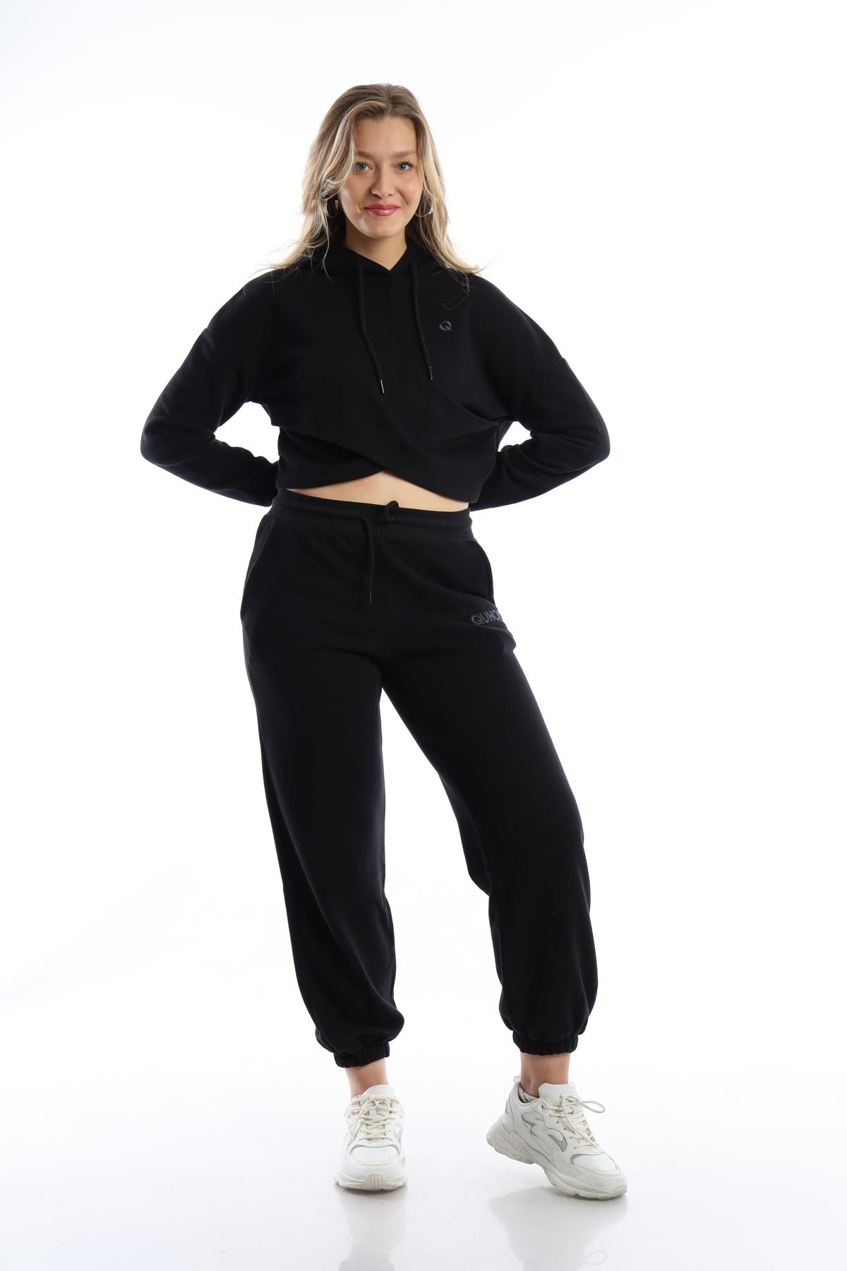 Kadın Kruvaze Detaylı Kapüşonlu Crop Sweat Siyah