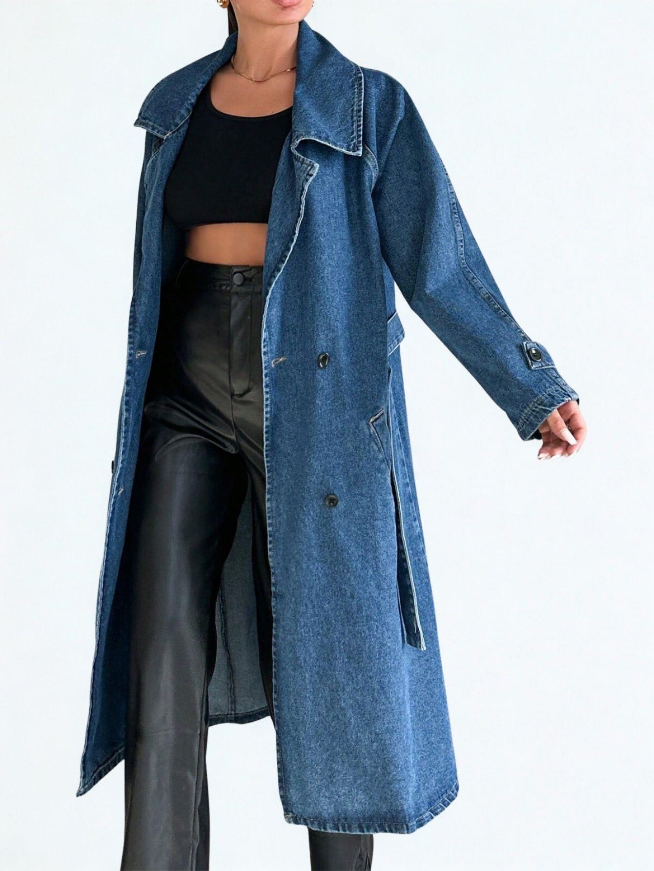 Kadın Kruvaze Yaka Denim Trençkot Mavi