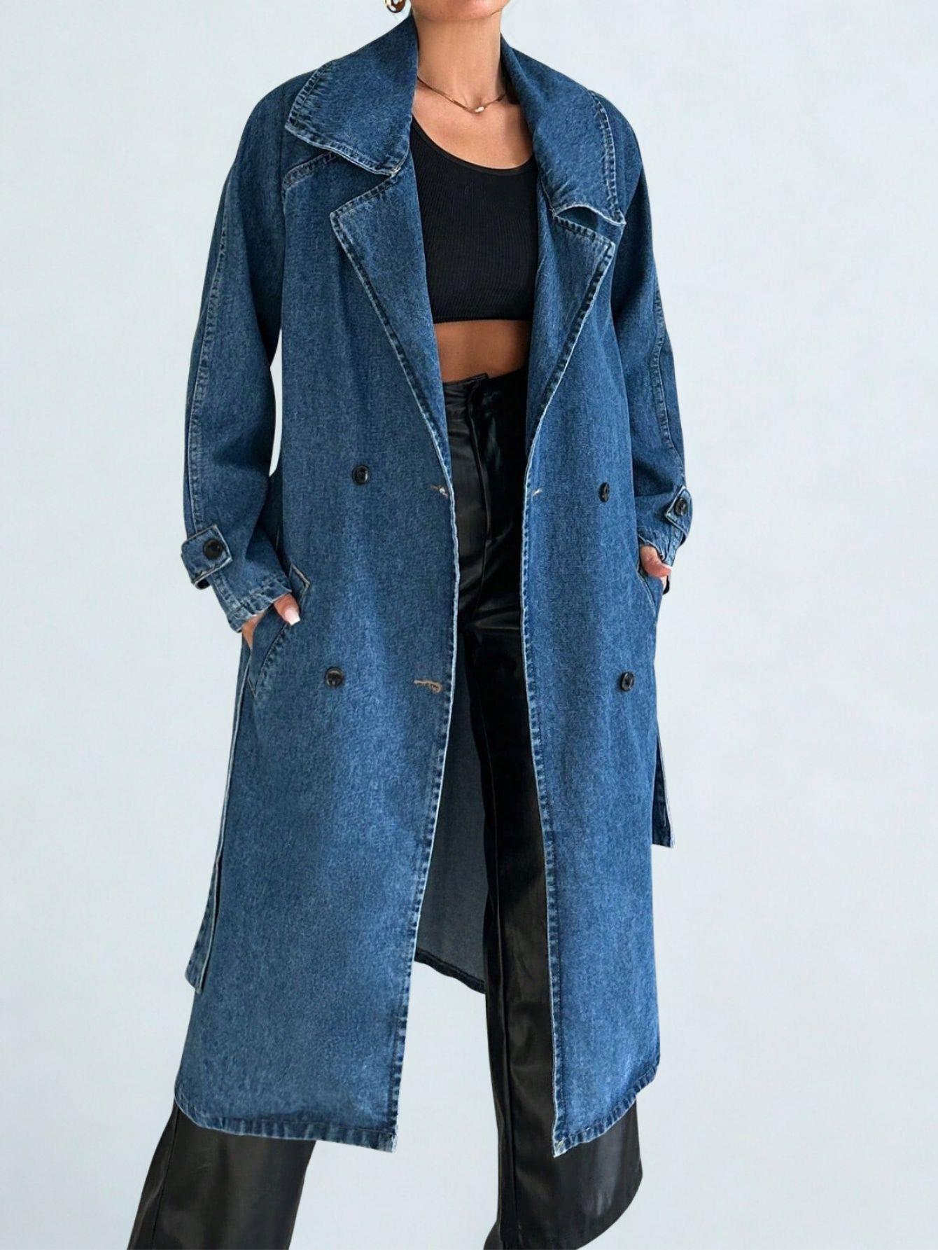 Kadın Kruvaze Yaka Denim Trençkot Mavi
