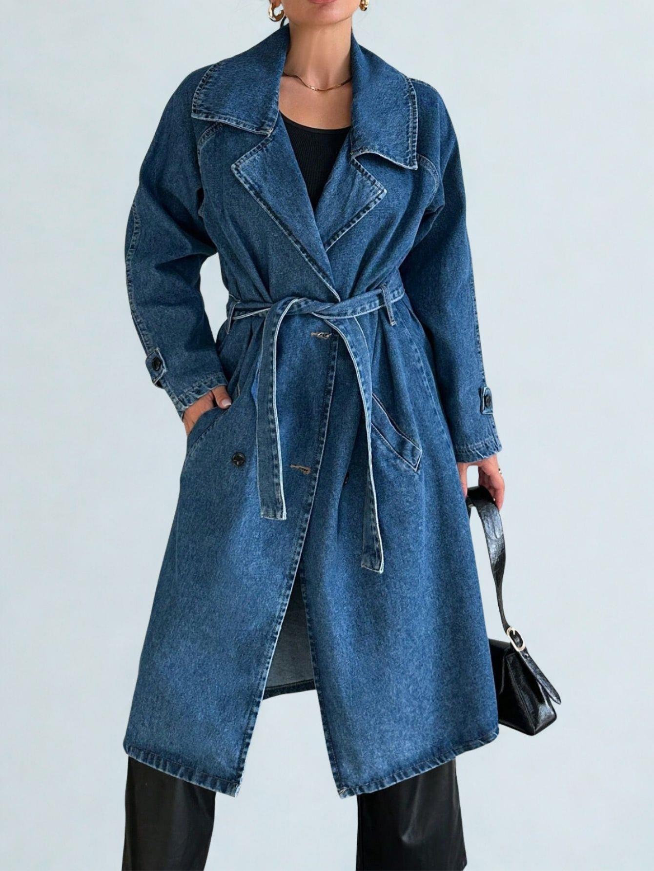 Kadın Kruvaze Yaka Denim Trençkot Mavi