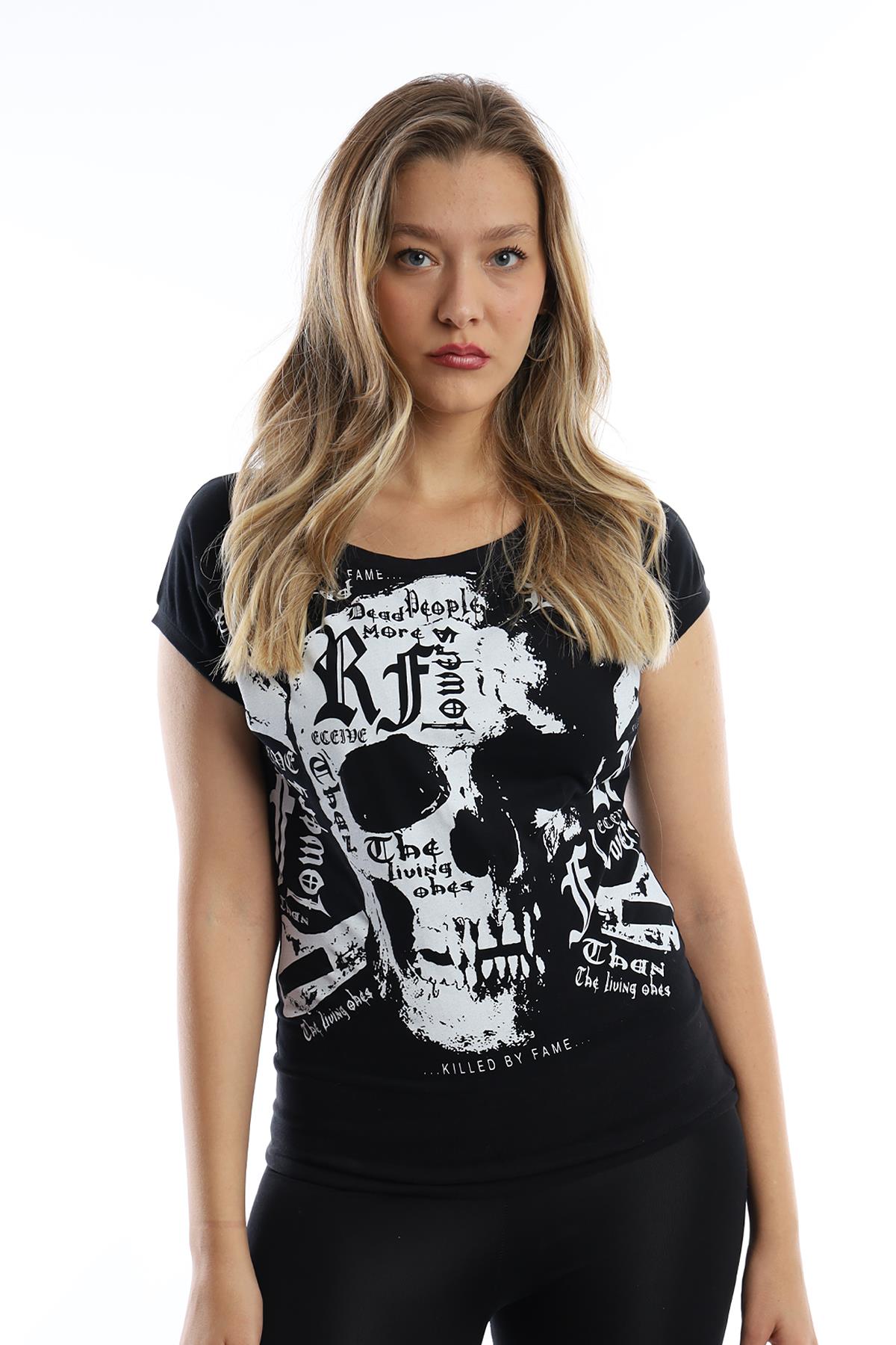 Kadın Kuru Kafa Baskılı Geniş Yakalı T-shirt  Siyah