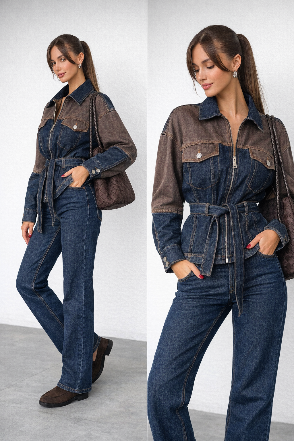 Kadın Kuşaklı İki Renk Denim Ceket Pantolon Takım Yüksek Bel Jean Lacivert - Kahve