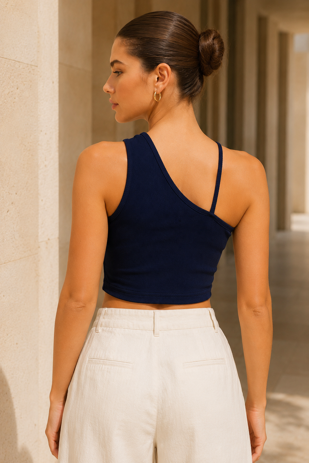 Kadın Lacivert Çapraz Halter Yaka Damla Detaylı Fitilli Crop Top