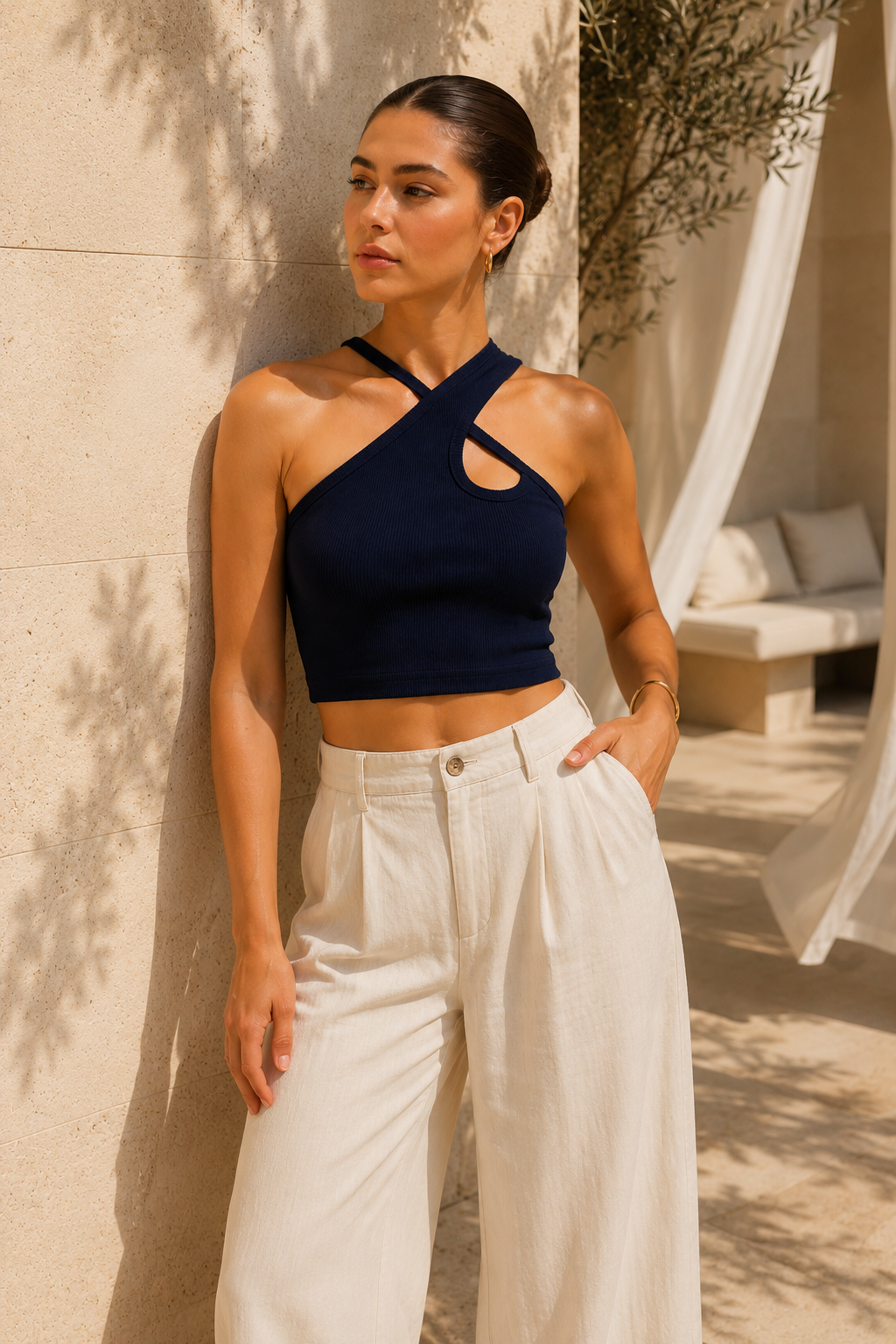 Kadın Lacivert Çapraz Halter Yaka Damla Detaylı Fitilli Crop Top