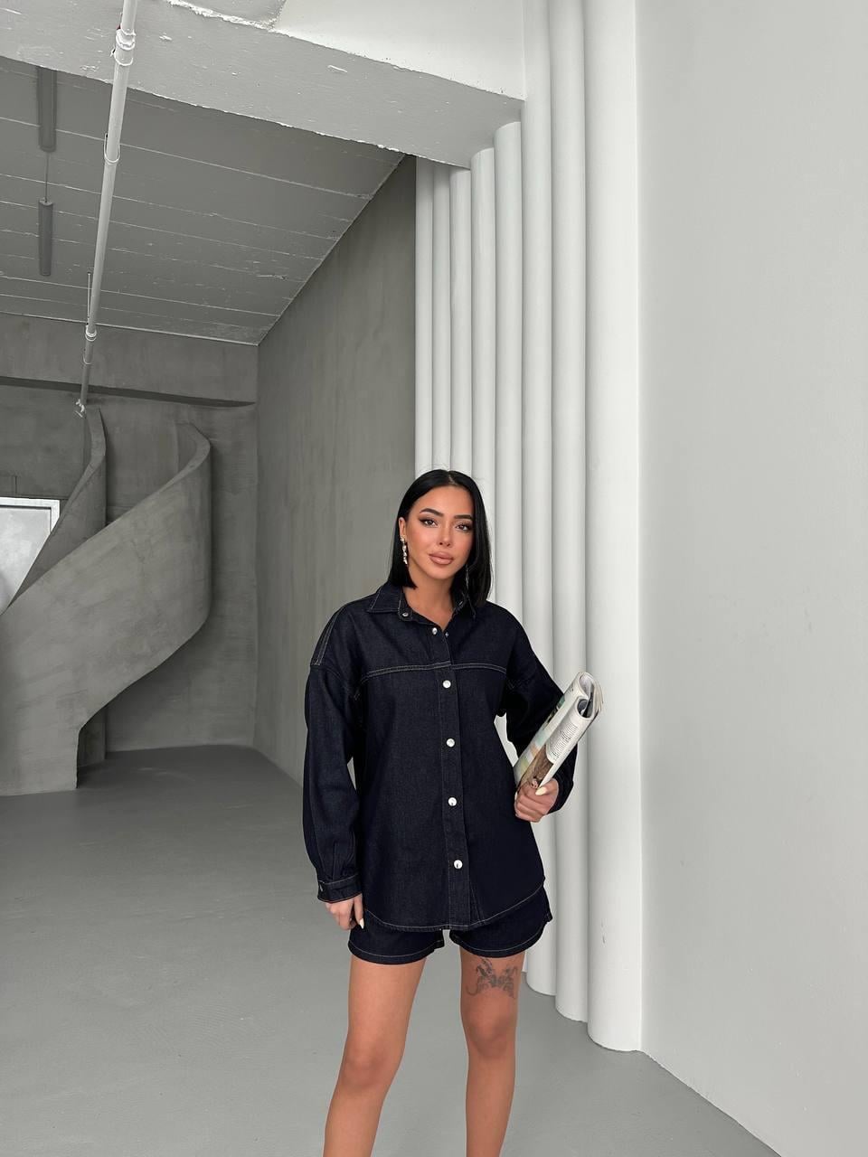 Kadın Lacivert Denim Gömlek Ceket & Şort Takım – Oversize Rahat Kalıp