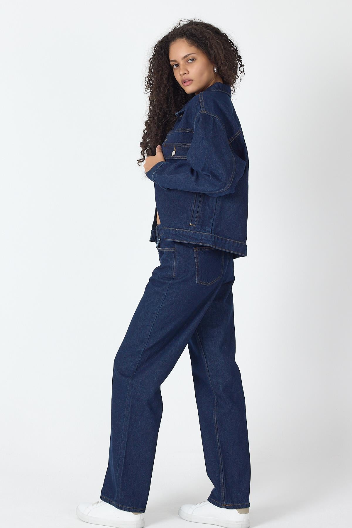 Kadın Lacivert Denim Kot Takım Pantolon Ve Ceket