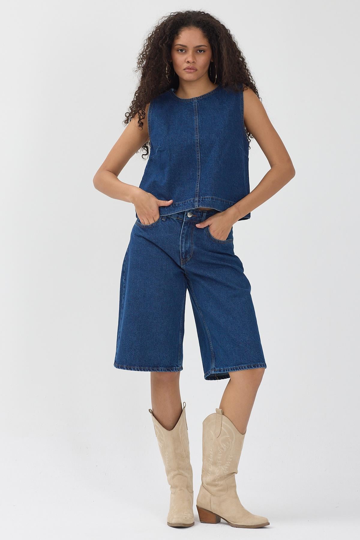 Kadın Lacivert Denim Yelek & Kapri Jean Şort İkili Takım