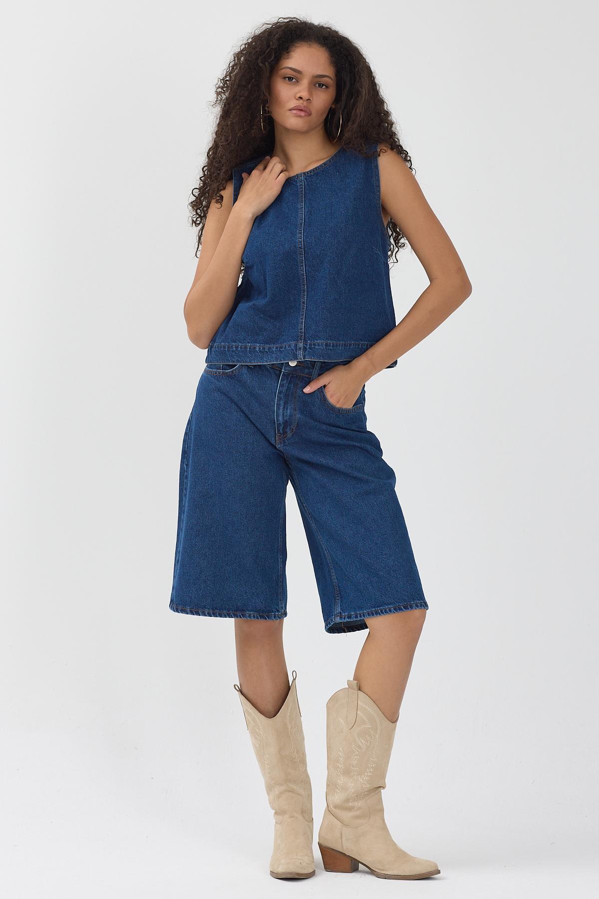 Kadın Lacivert Denim Yelek & Kapri Jean Şort İkili Takım