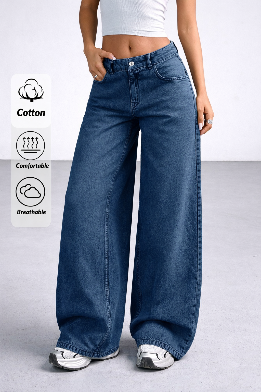Kadın Lacivert Wide Leg Bol Paça Düşük Bel Denim Jean Pantolon