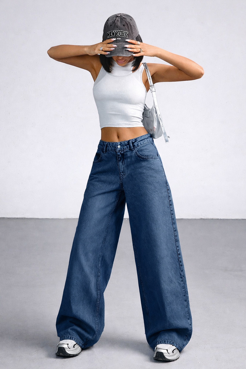 Kadın Lacivert Wide Leg Bol Paça Düşük Bel Denim Jean Pantolon