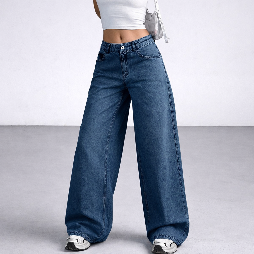 Kadın Lacivert Wide Leg Bol Paça Düşük Bel Denim Jean Pantolon