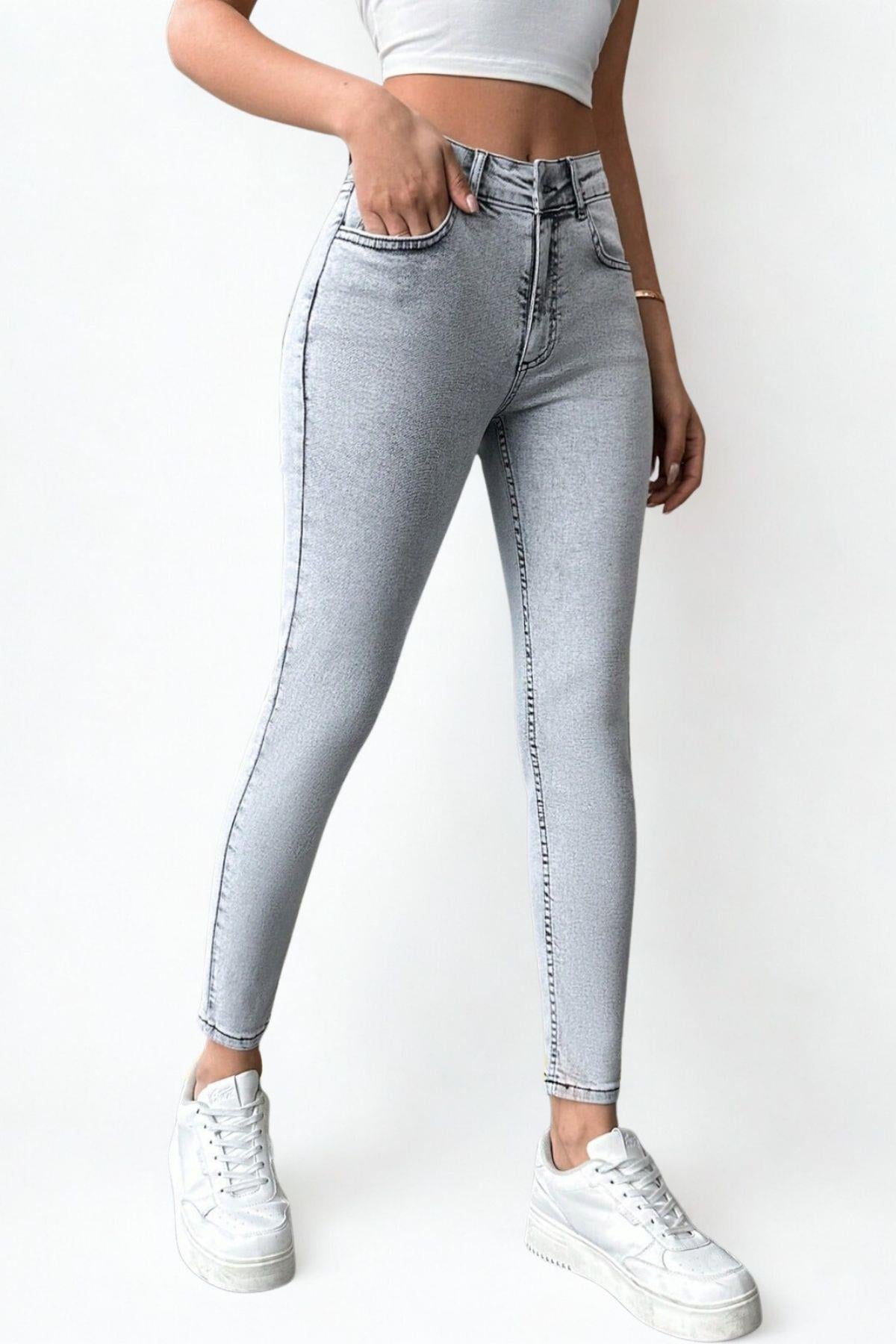 Kadın Likralı Skinny Kot Pantolon Gri