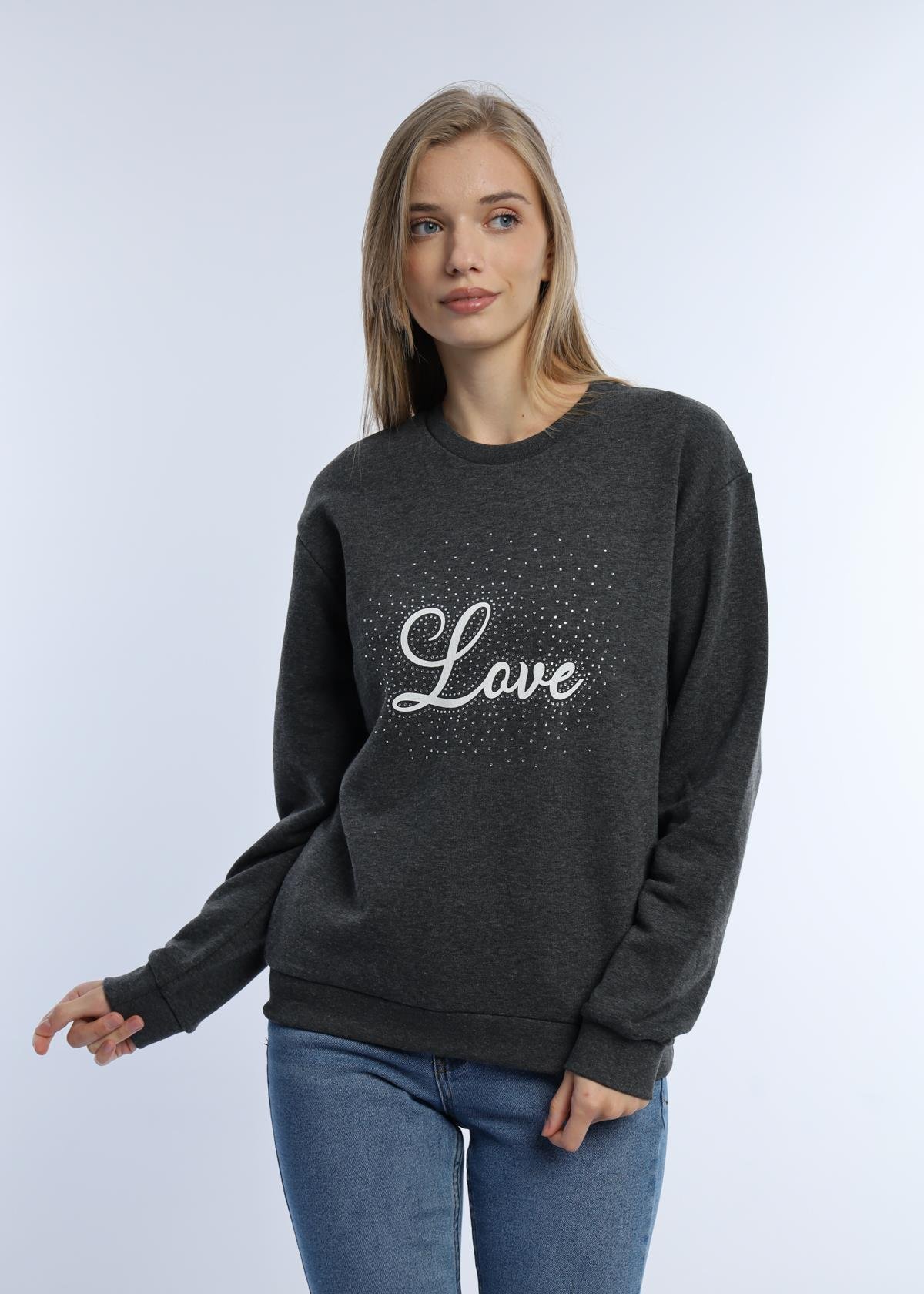 Kadın Love Baskılı 3 İplik Şardonsuz Sweatshirt Antrasit Melanj