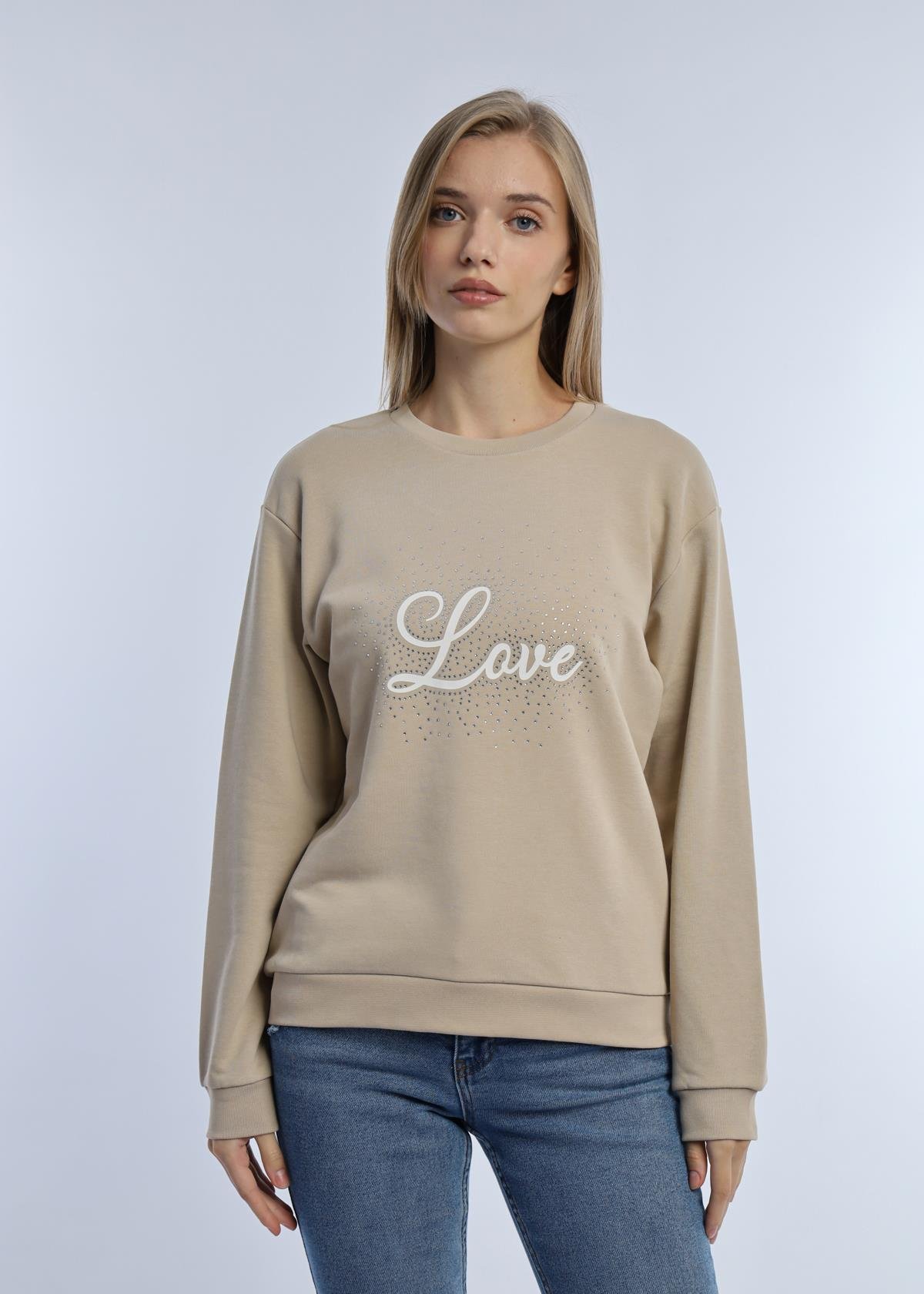 Kadın Love Baskılı 3 İplik Şardonsuz Sweatshirt Bej